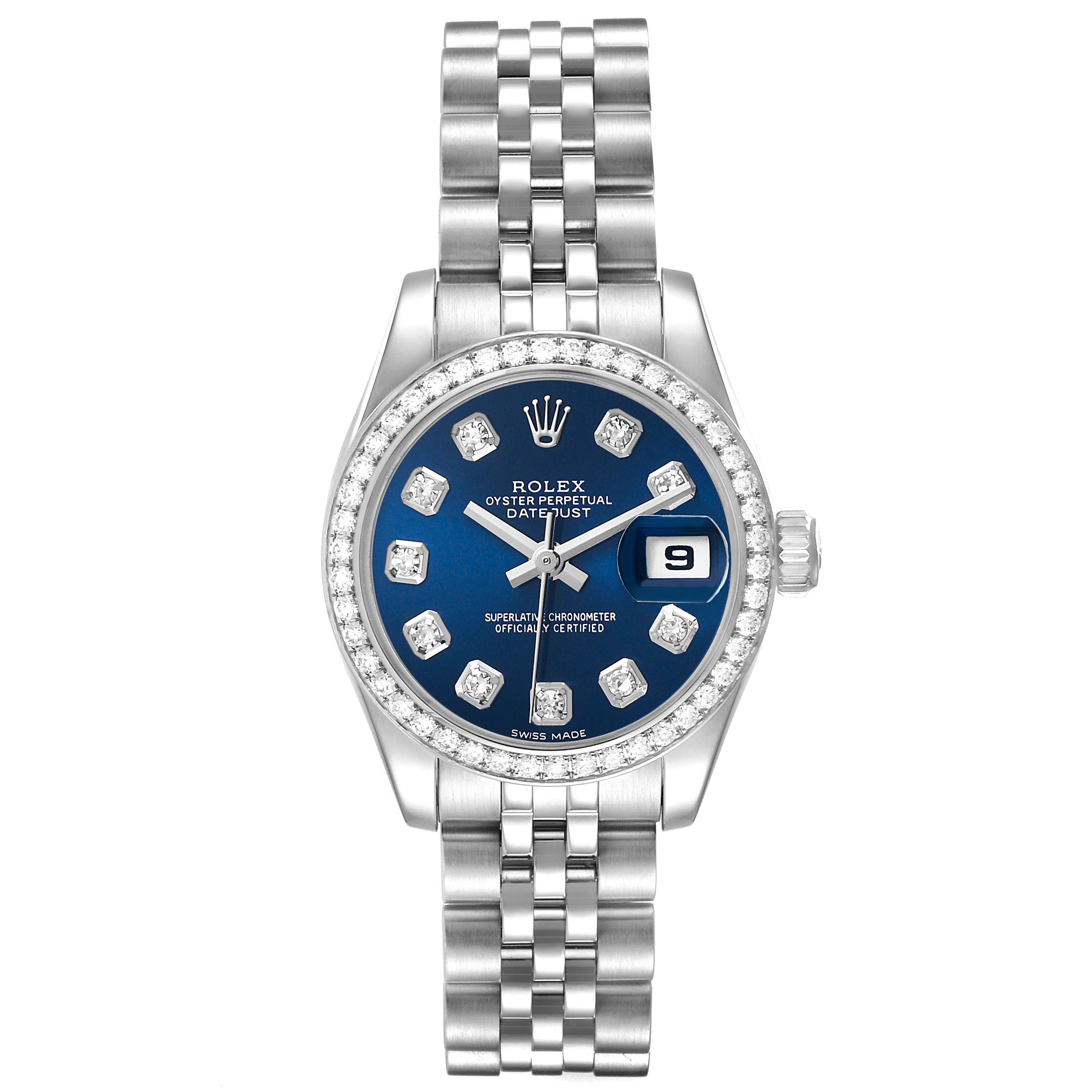 The Rolex Datejust 179384 Women's Stainless Steel Blue Dial watch is shown from a top view, displaying the dial, bezel, bracelet, and date window.