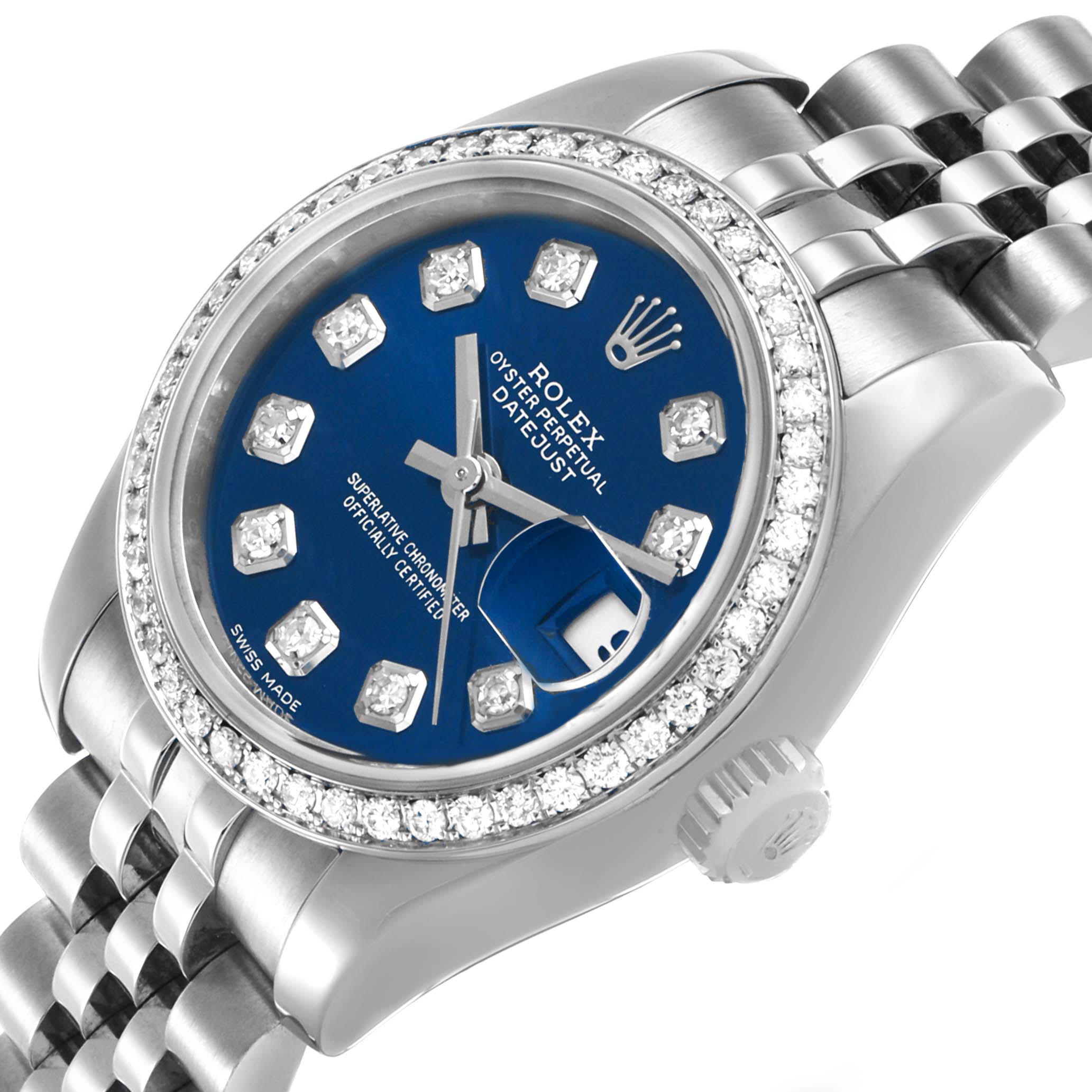 The Rolex Datejust 179384 Women's Stainless Steel Blue Dial watch is shown at an angled view highlighting the face, bezel, crown, and part of the bracelet.