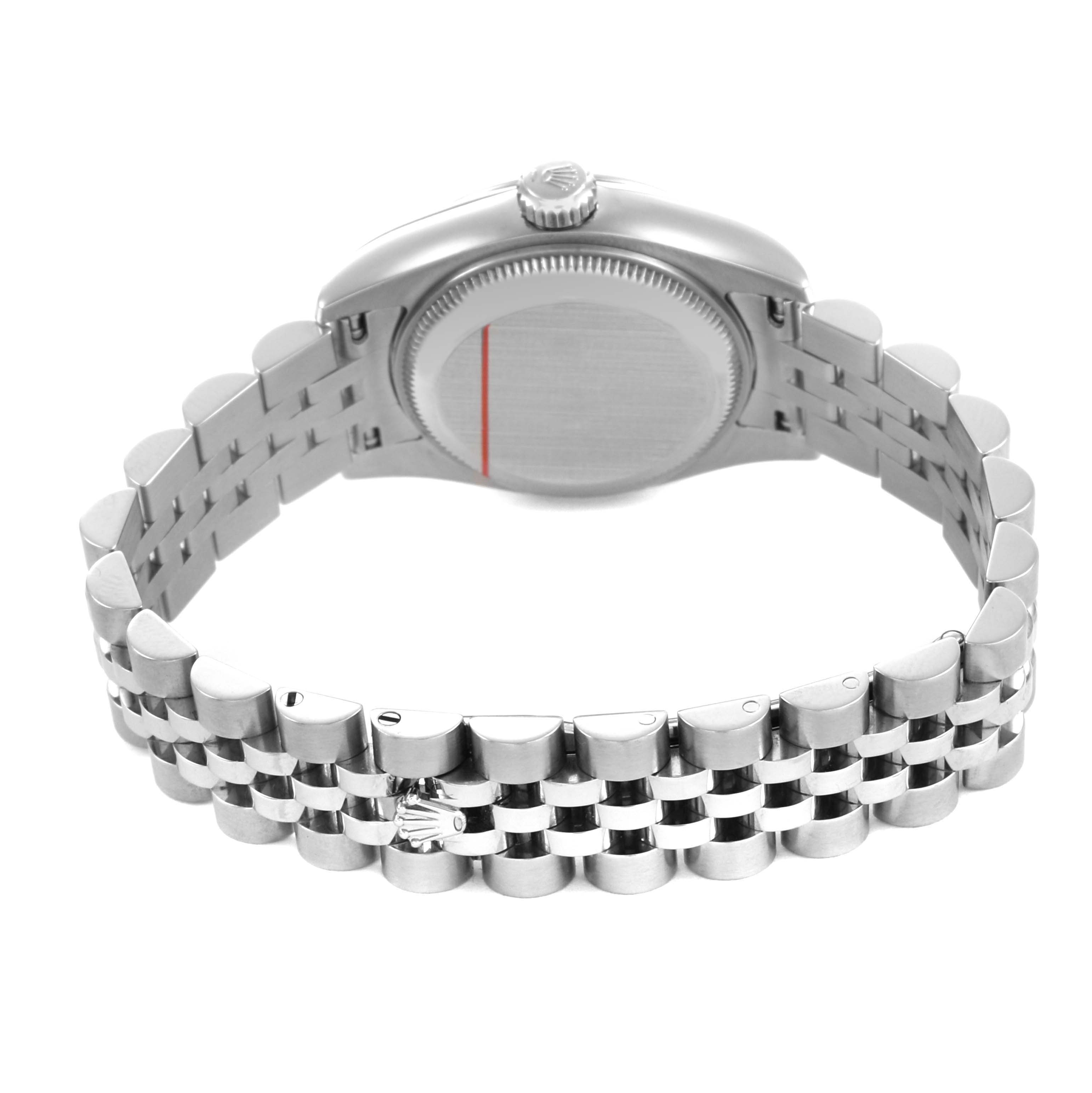 The image shows the back view of a Rolex Datejust 179384 Women's Stainless Steel Blue Dial, highlighting the bracelet and case back.