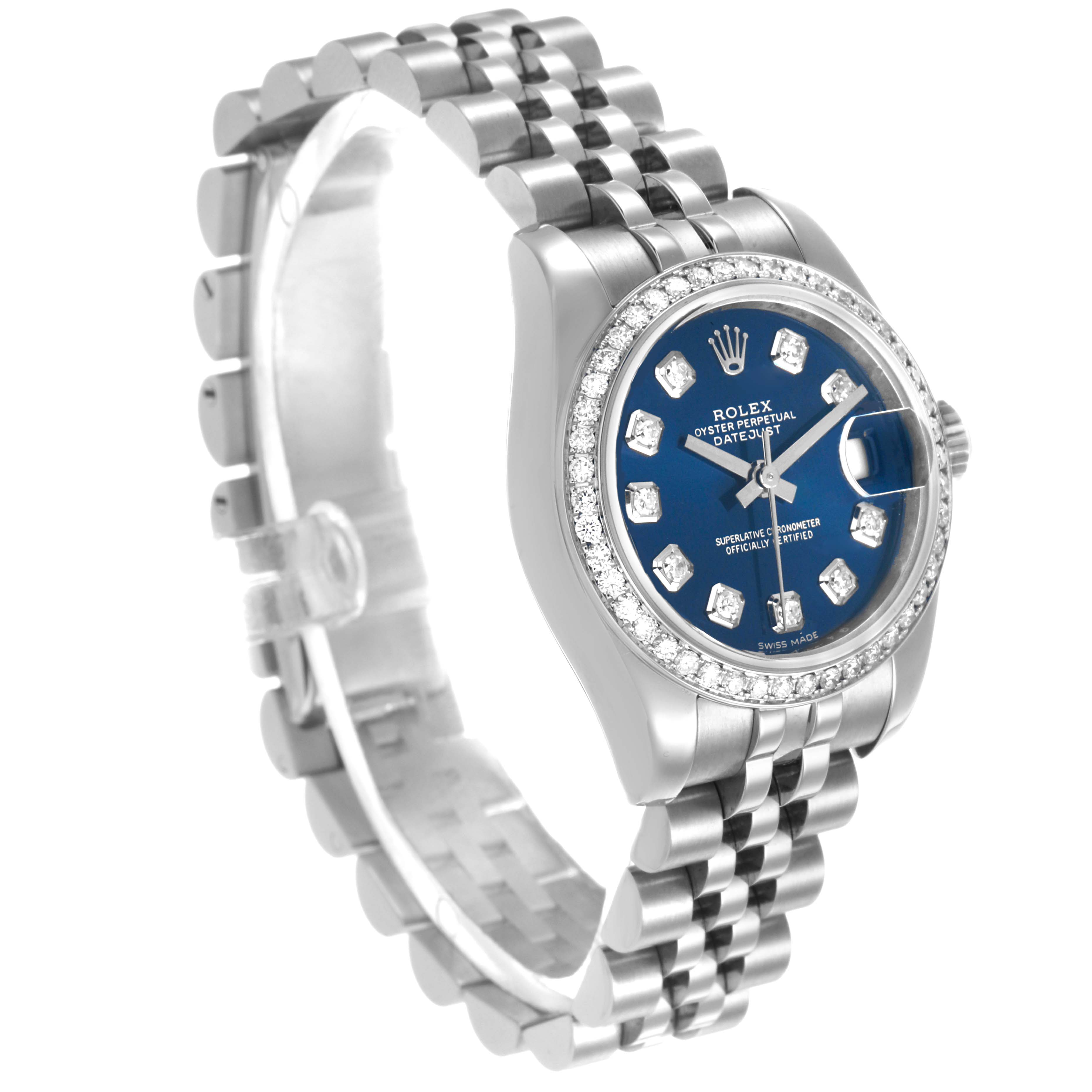 The Rolex Datejust 179384 Women's Stainless Steel Blue Dial watch is shown at a three-quarter angle, highlighting the face, bezel, and bracelet.