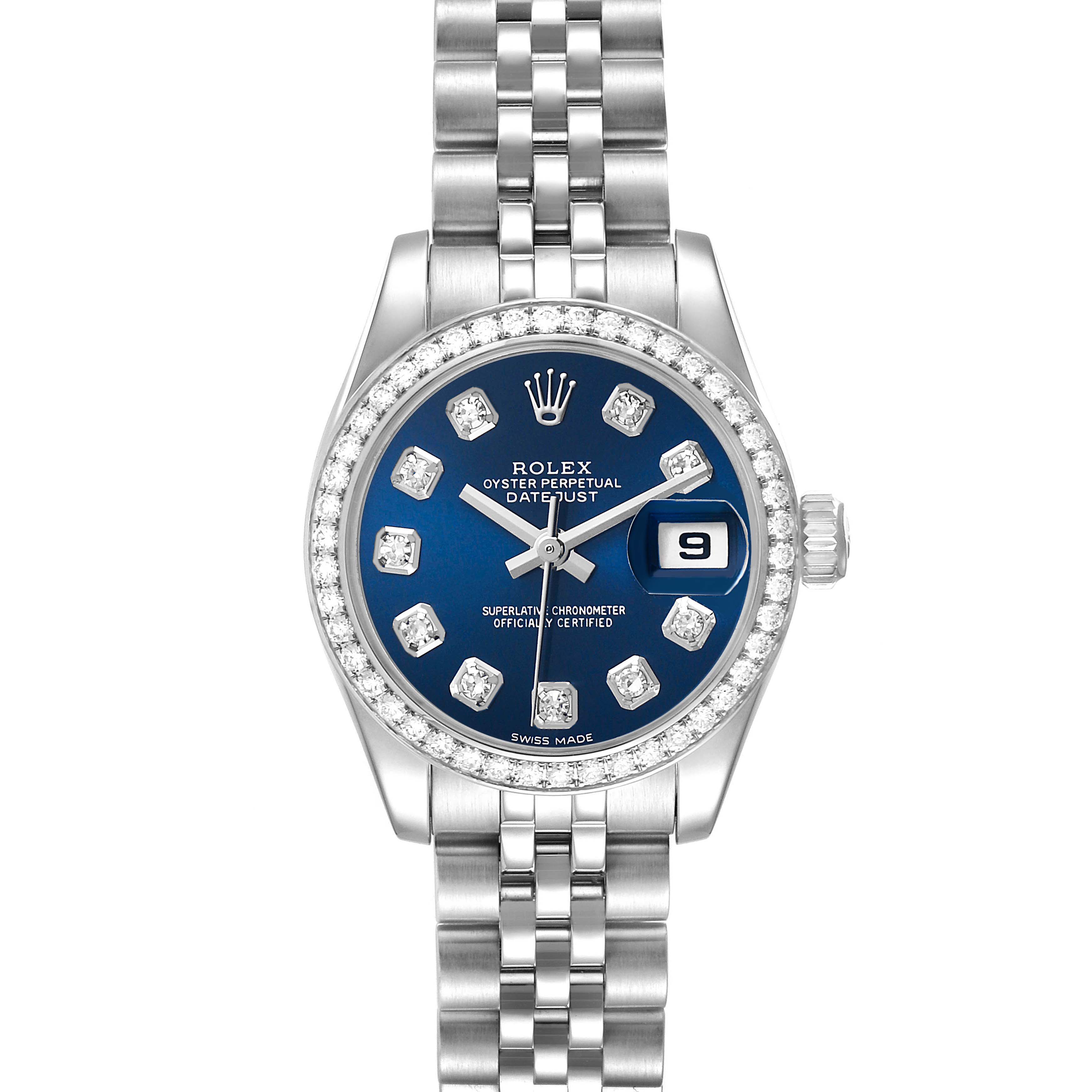 The Rolex Datejust 179384 Women's Stainless Steel Blue Dial watch is shown from a top-down angle, highlighting the face, bezel, and bracelet.