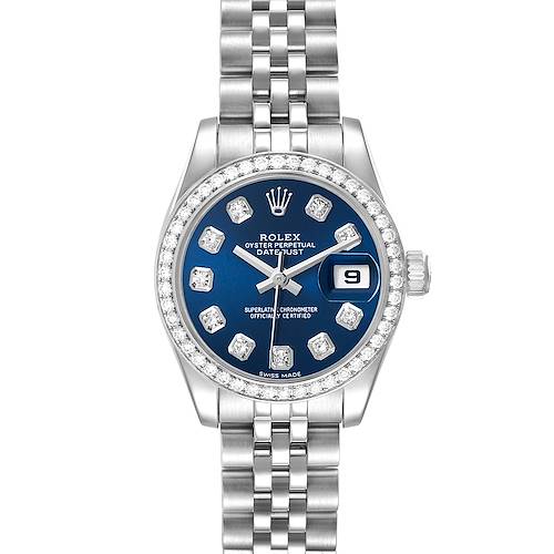 The Rolex Datejust 179384 Women's Stainless Steel Blue Dial watch is shown from a front angle, highlighting its blue dial, diamond markers, date window, and bracelet.