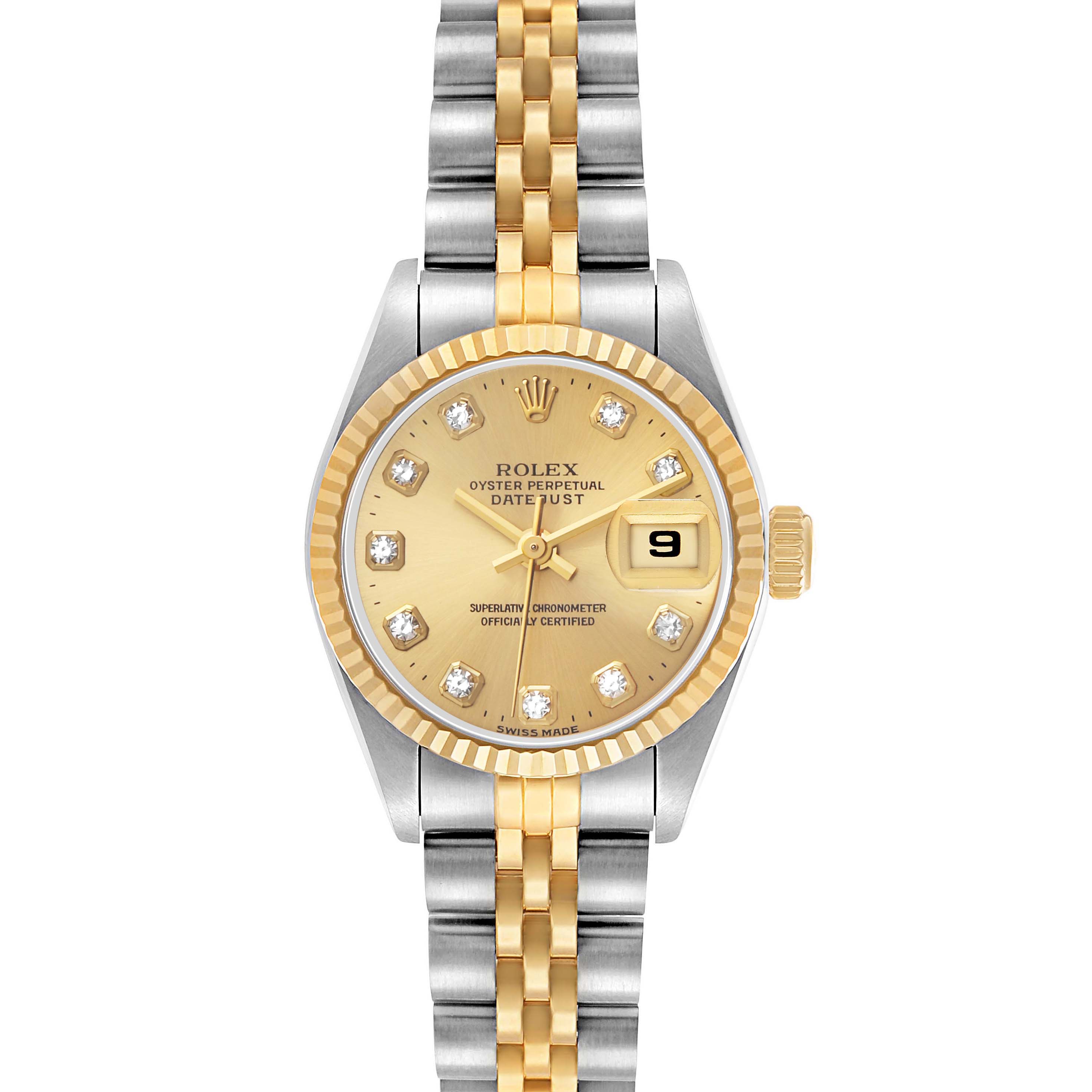 The Rolex Datejust 69173 Women's Stainless Steel Champagne Dial watch is shown from a top view, highlighting its dial, bezel, and bracelet.