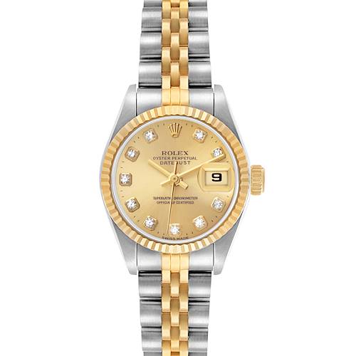 The watch, a Rolex Datejust 69173 Women's Stainless Steel Champagne Dial, is shown in a front view highlighting the face, bezel, and bracelet.