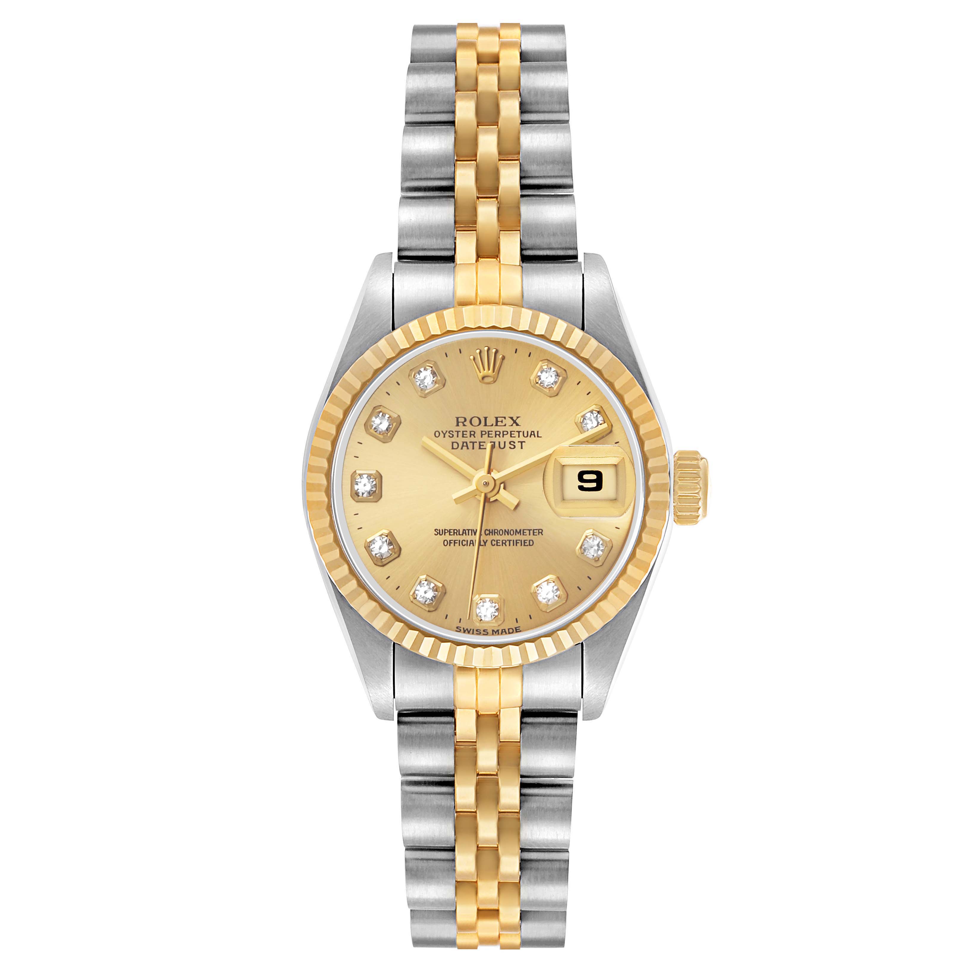 The Rolex Datejust 69173 Women's Stainless Steel Champagne Dial watch is shown from a front angle, featuring a two-tone bracelet and a gold dial with diamond hour markers.