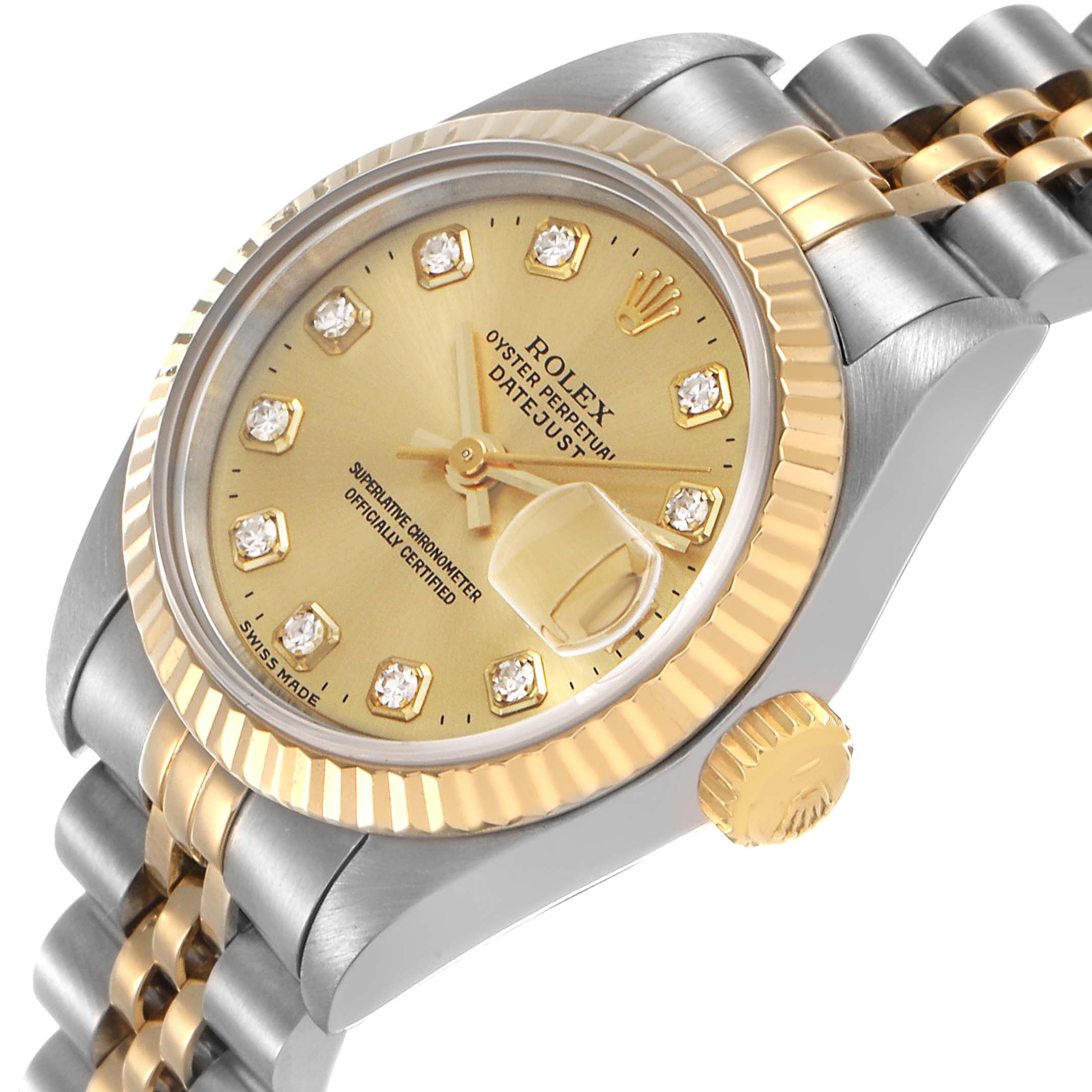 The Rolex Datejust 69173 Women's Stainless Steel Champagne Dial watch is shown at an angled view highlighting the dial, fluted bezel, and two-tone Jubilee bracelet.