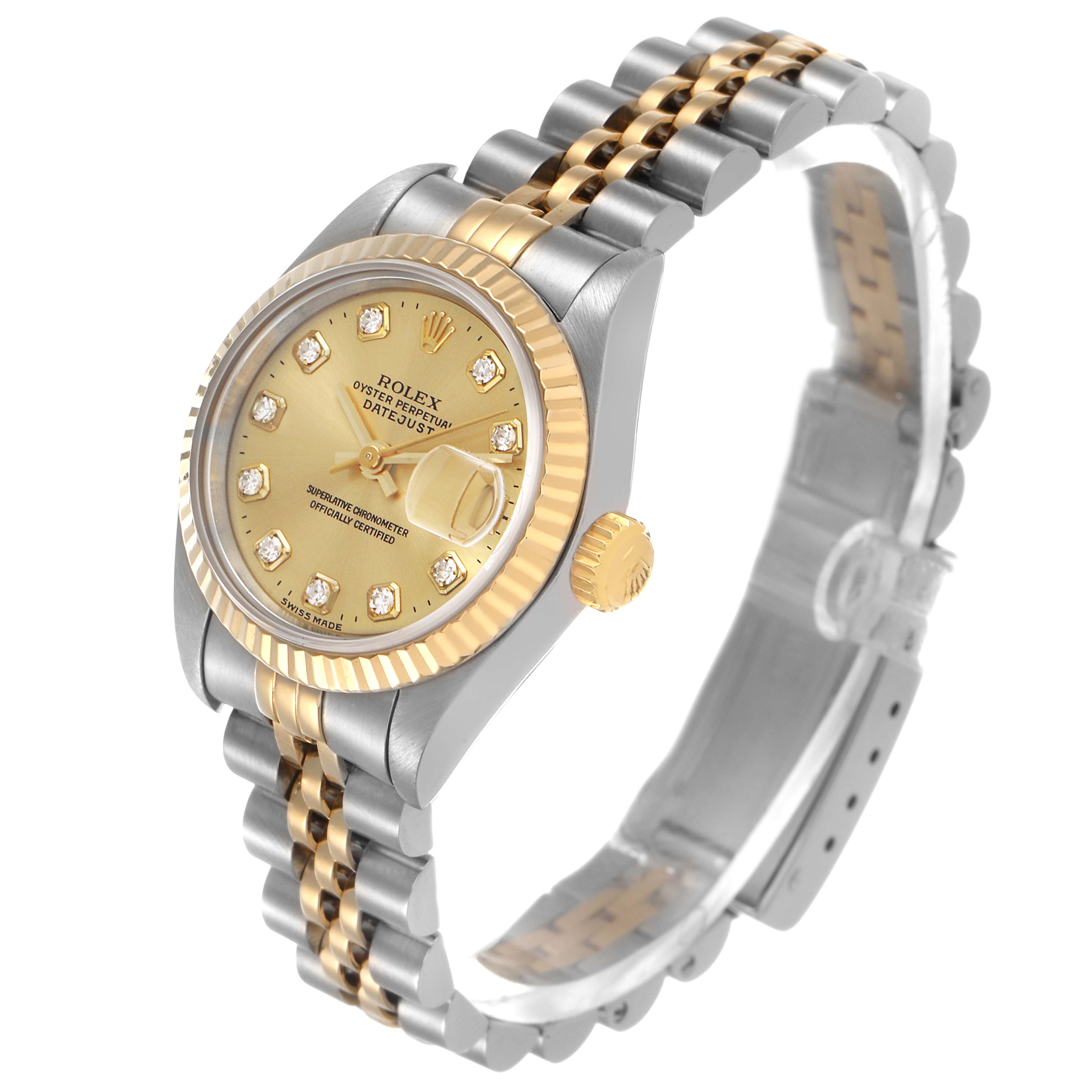 The Rolex Datejust 69173 Women's Stainless Steel Champagne Dial watch is shown from a three-quarter angle, highlighting its gold dial, bezel, and two-tone bracelet.