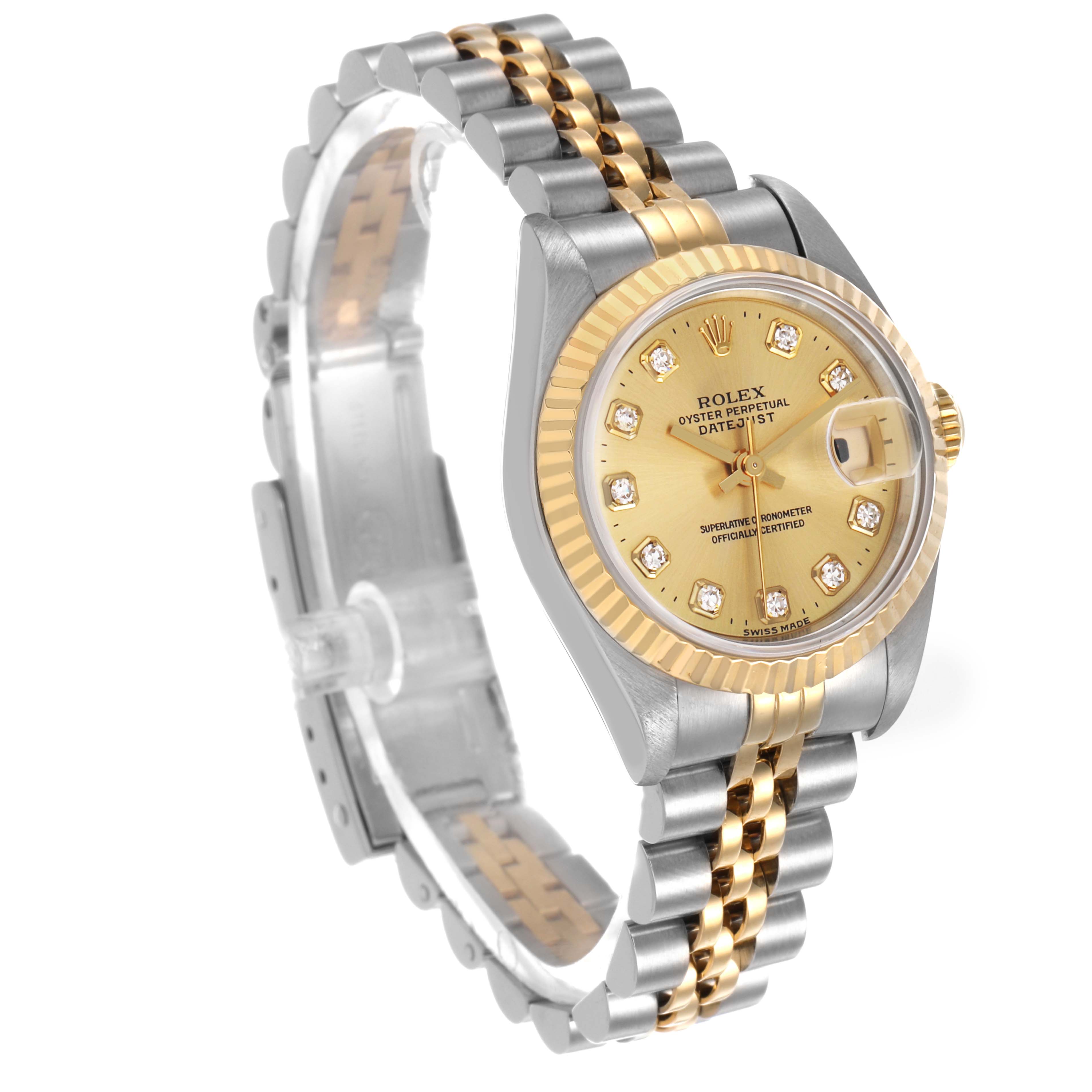 The Rolex Datejust 69173 Women's Stainless Steel Champagne Dial watch is shown at a three-quarter angle, highlighting the gold dial, fluted bezel, and two-tone bracelet.