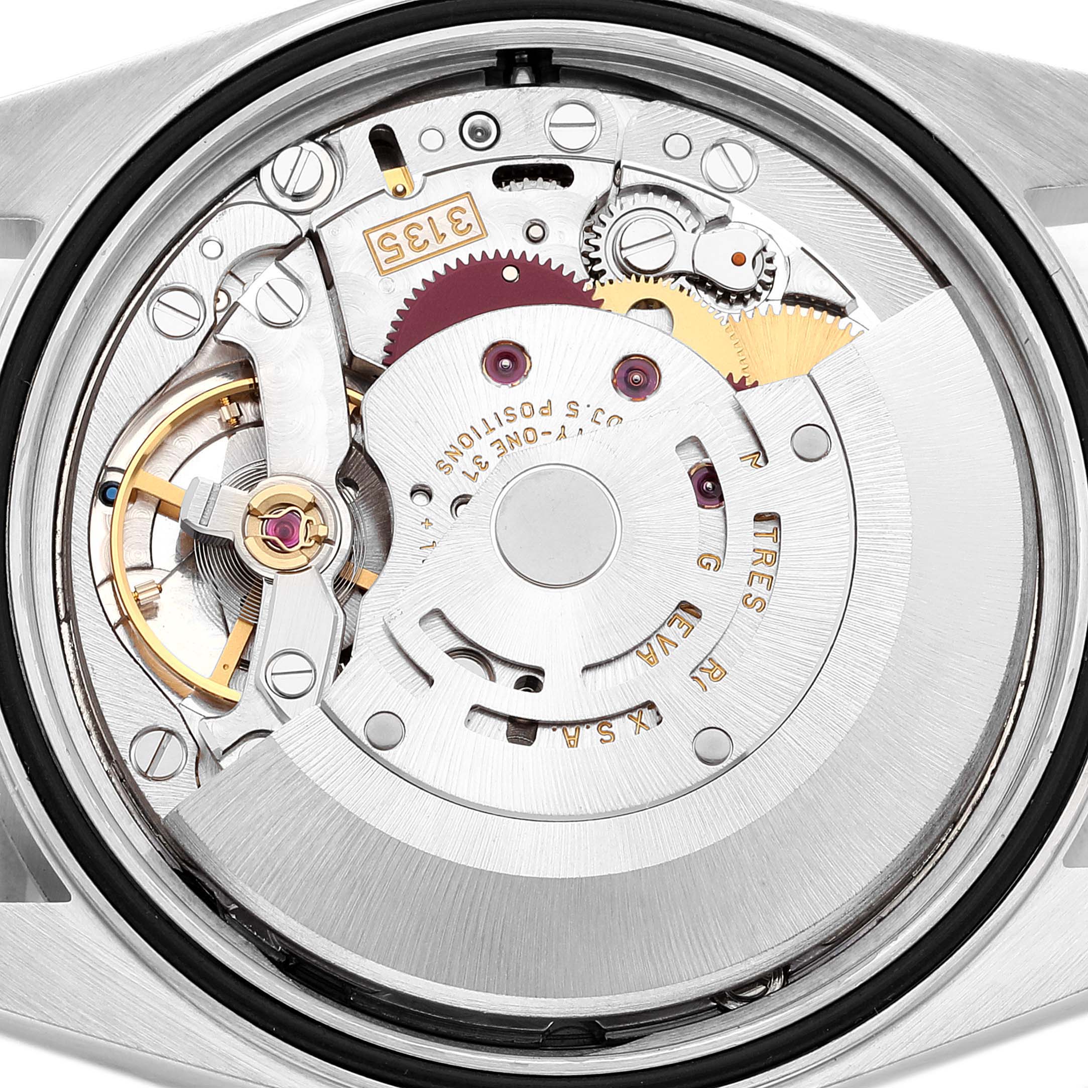 This image shows the exposed movement mechanism of a Rolex Datejust 16200 Men's Stainless Steel Grey Dial 16200 Men's Stainless Steel Grey Dial watch from a back angle.
