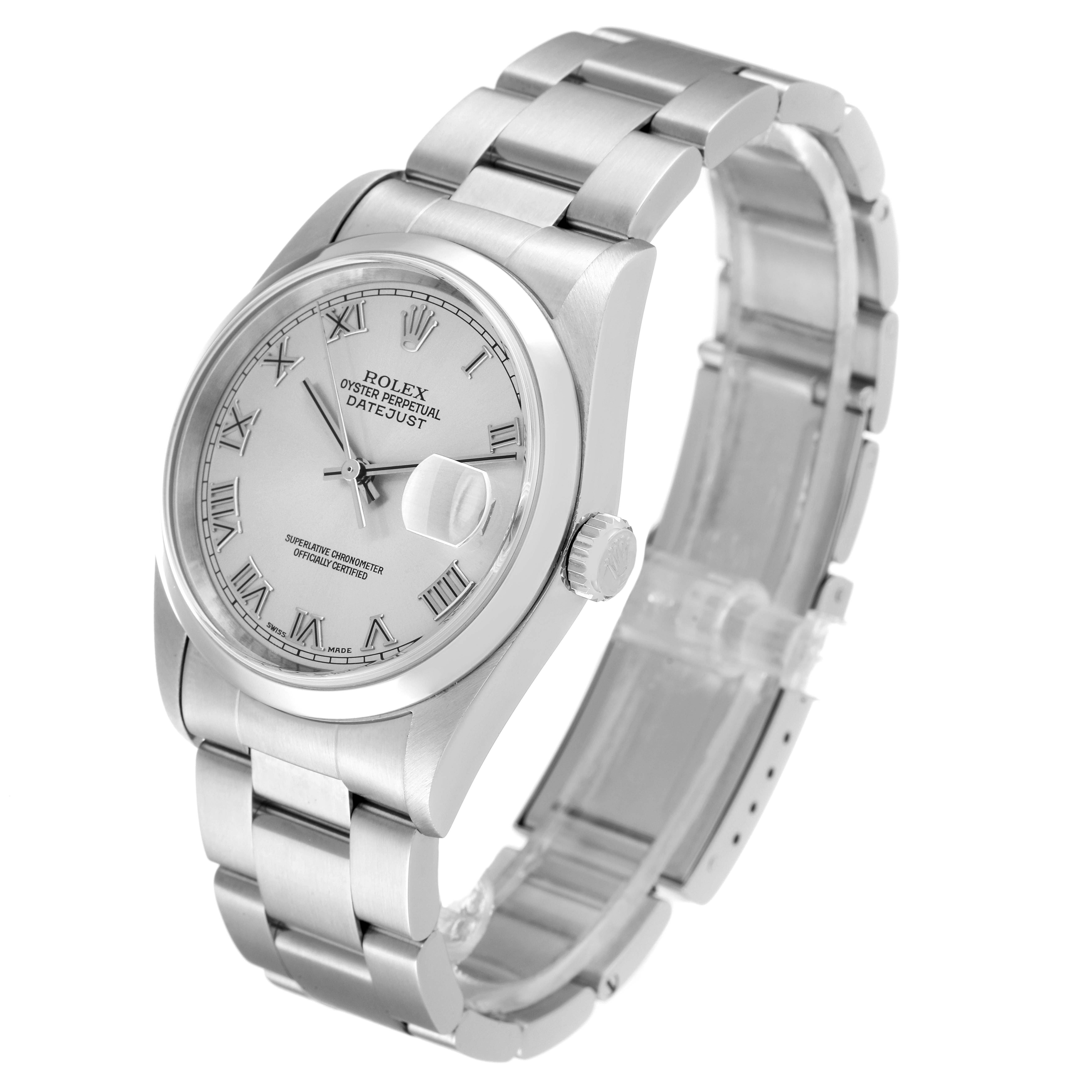 The image shows a Rolex Datejust 16200 Men's Stainless Steel Grey Dial 16200 Men's Stainless Steel Grey Dial watch in a three-quarter view, highlighting its dial, bracelet, and crown.