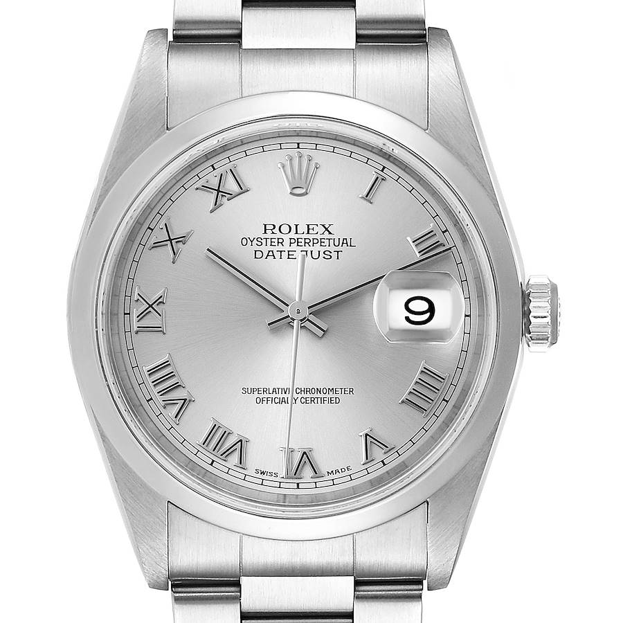Rolex Datejust 36 Rhodium Roman Dial Smooth Bezel Steel Mens Watch 16200 SwissWatchExpo
