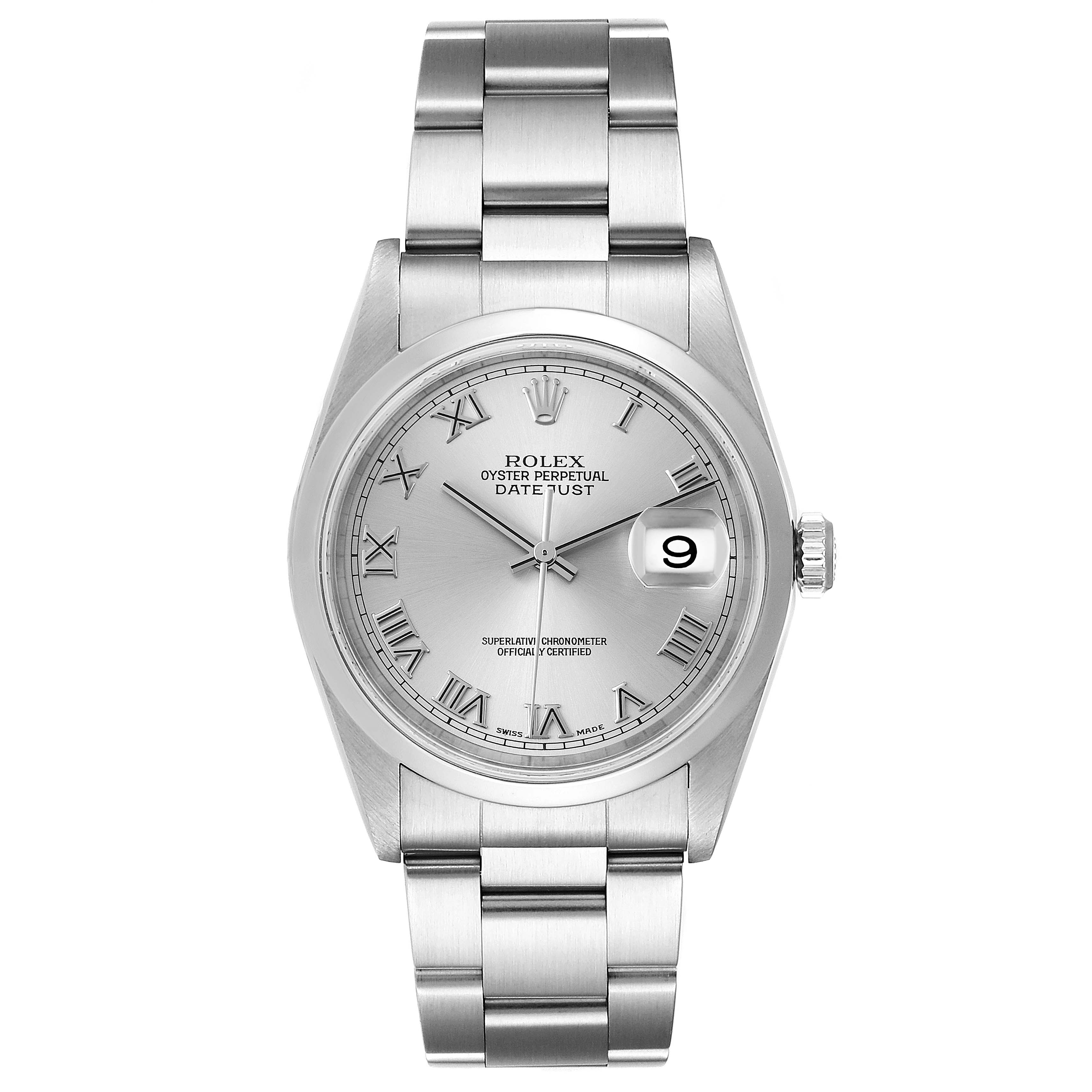 The image shows a Rolex Datejust 16200 Men's Stainless Steel Grey Dial 16200 Men's Stainless Steel Grey Dial watch from a front angle, highlighting the dial, bracelet, and date window.