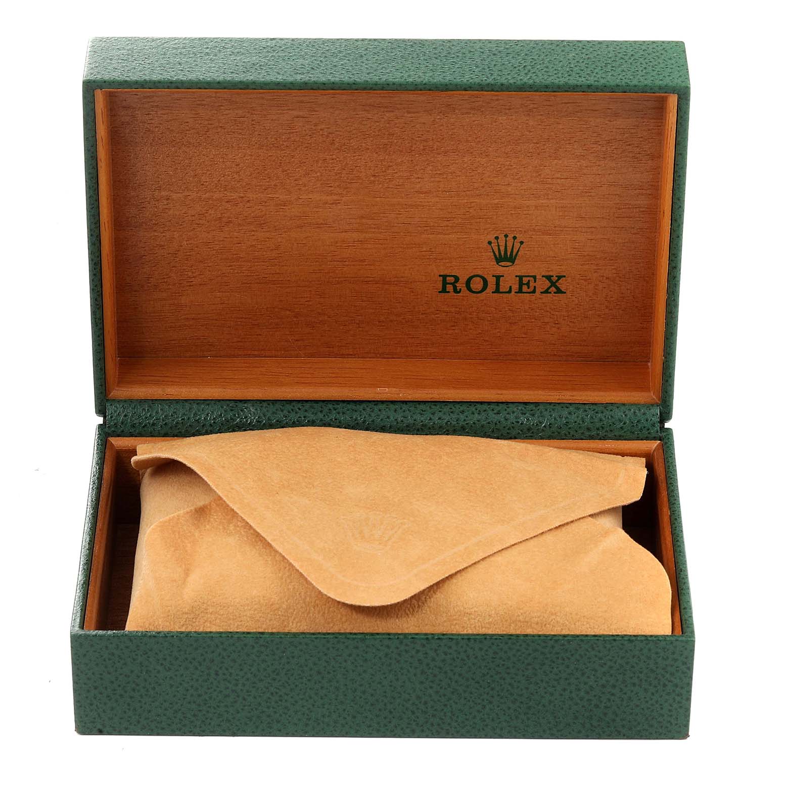 This image shows a green Rolex watch box with the logo, containing a suede pouch, likely for the Datejust model by Rolex.