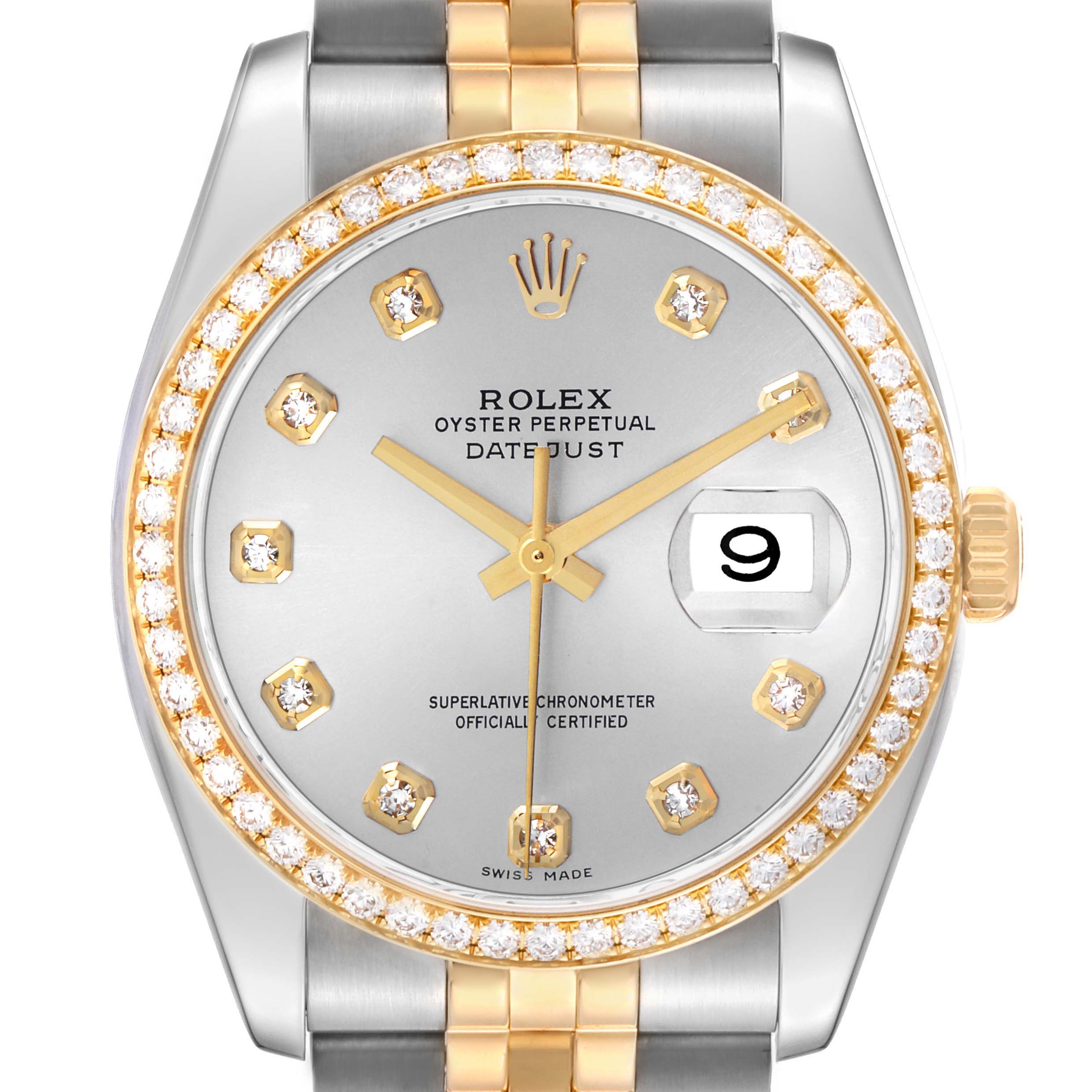 The Rolex Datejust 116243 Men's Stainless Steel Silver Dial watch is shown from the front, highlighting the face, bezel, and partial bracelet.