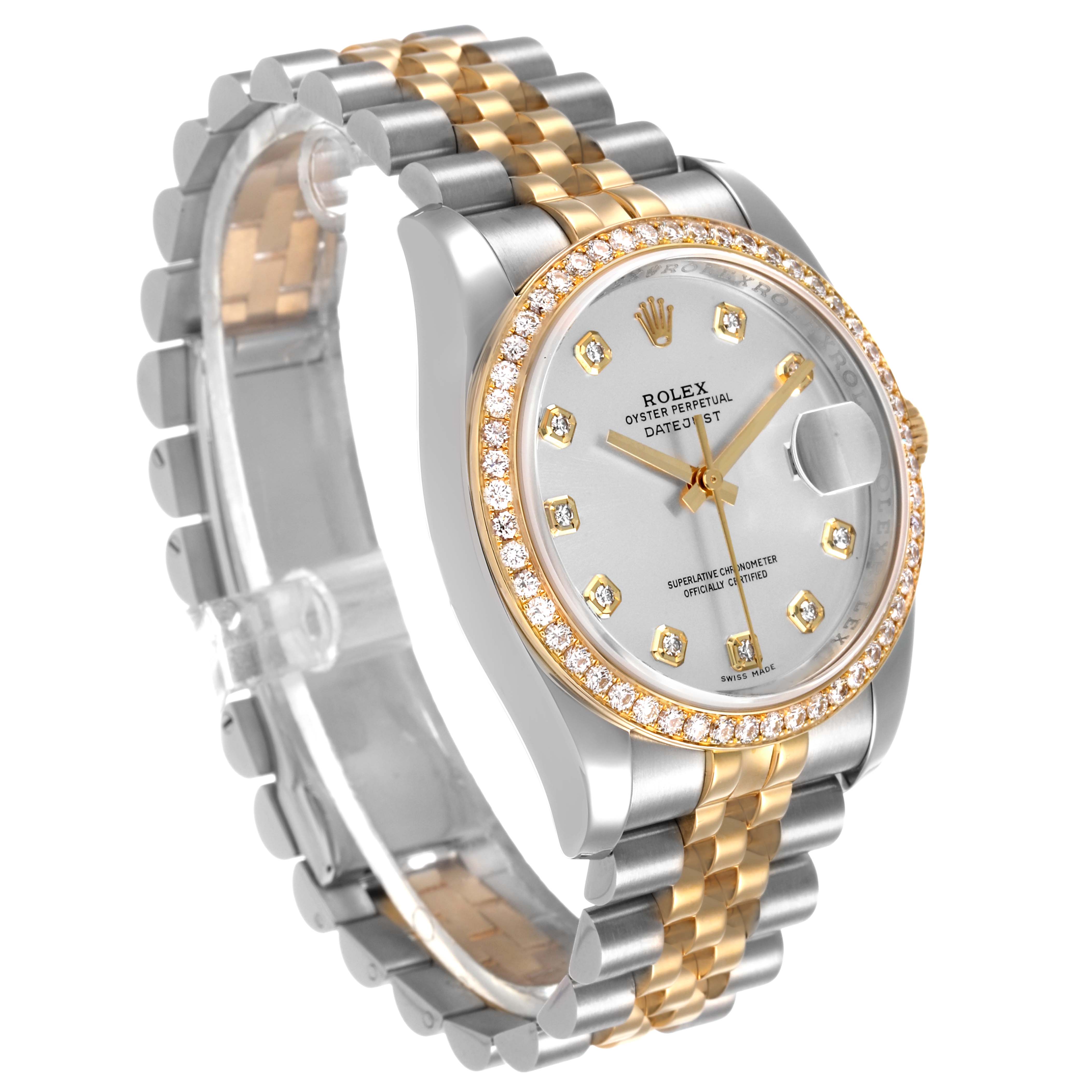 The Rolex Datejust 116243 Men's Stainless Steel Silver Dial watch is shown at a 3/4 angle, highlighting the dial, diamond bezel, and two-tone bracelet.