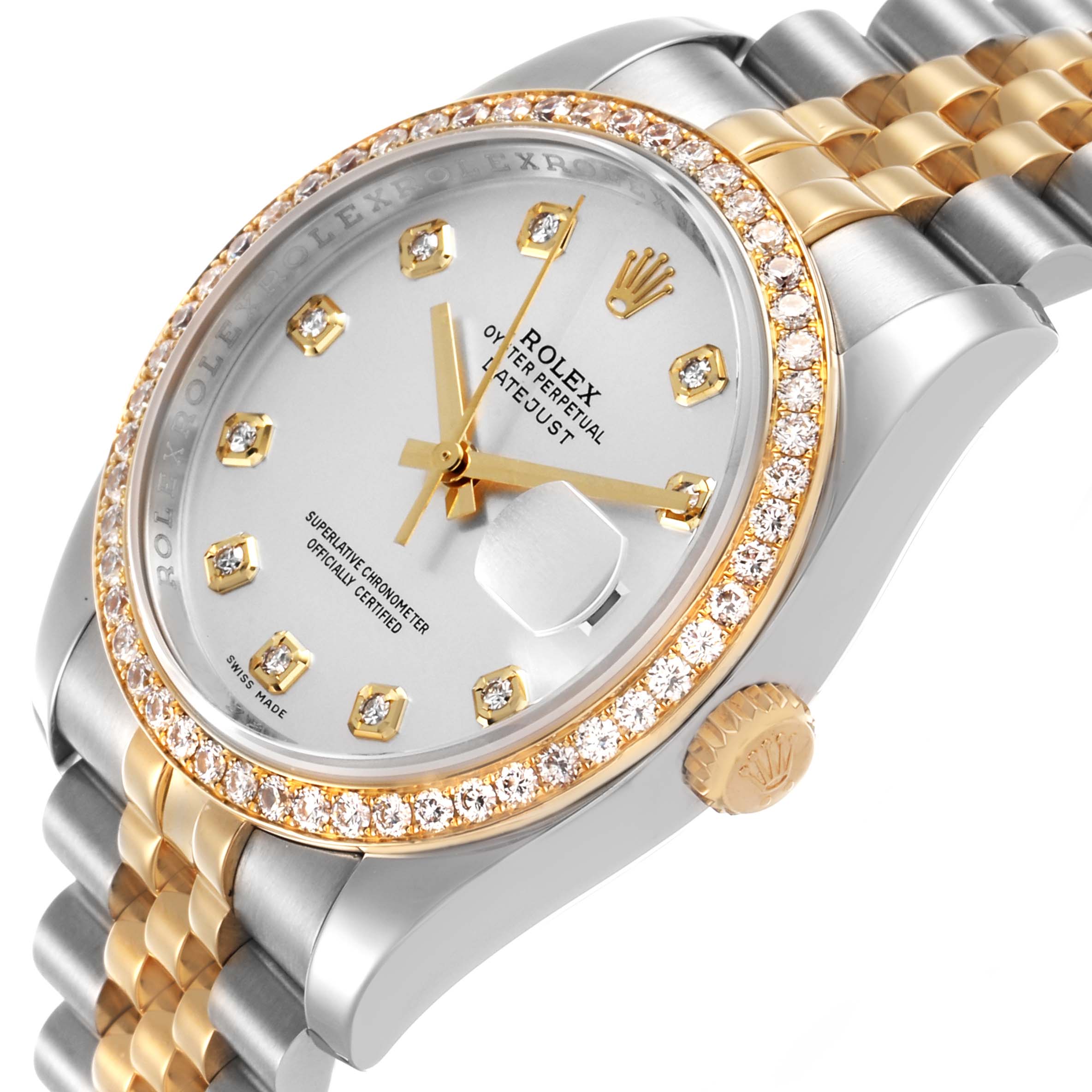 The Rolex Datejust 116243 Men's Stainless Steel Silver Dial watch is shown from an angled view, highlighting the diamond bezel, dial, case, crown, and two-tone bracelet.