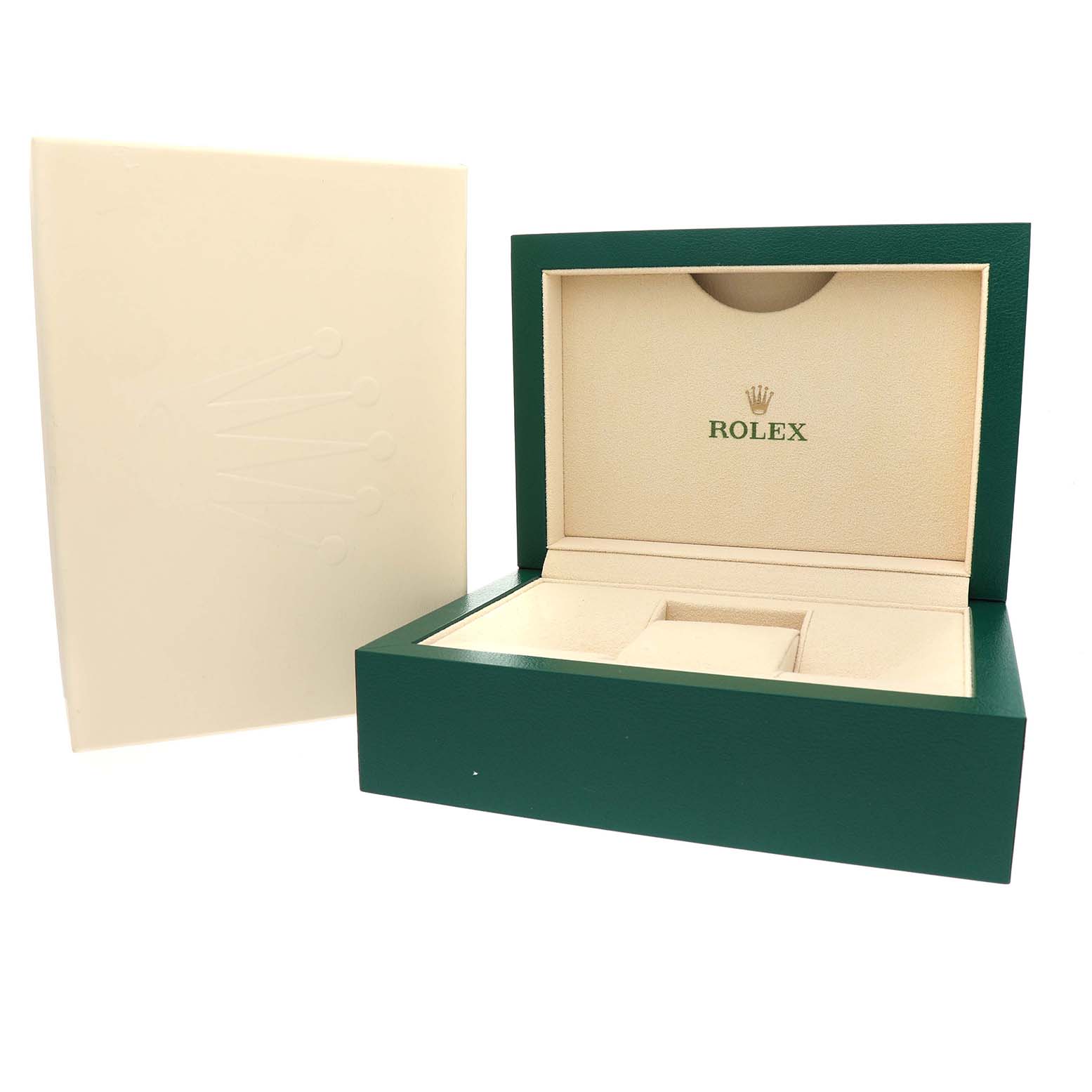 The image shows an open green and beige Rolex Datejust 116243 Men's Stainless Steel Silver Dial watch box with the logo inside.