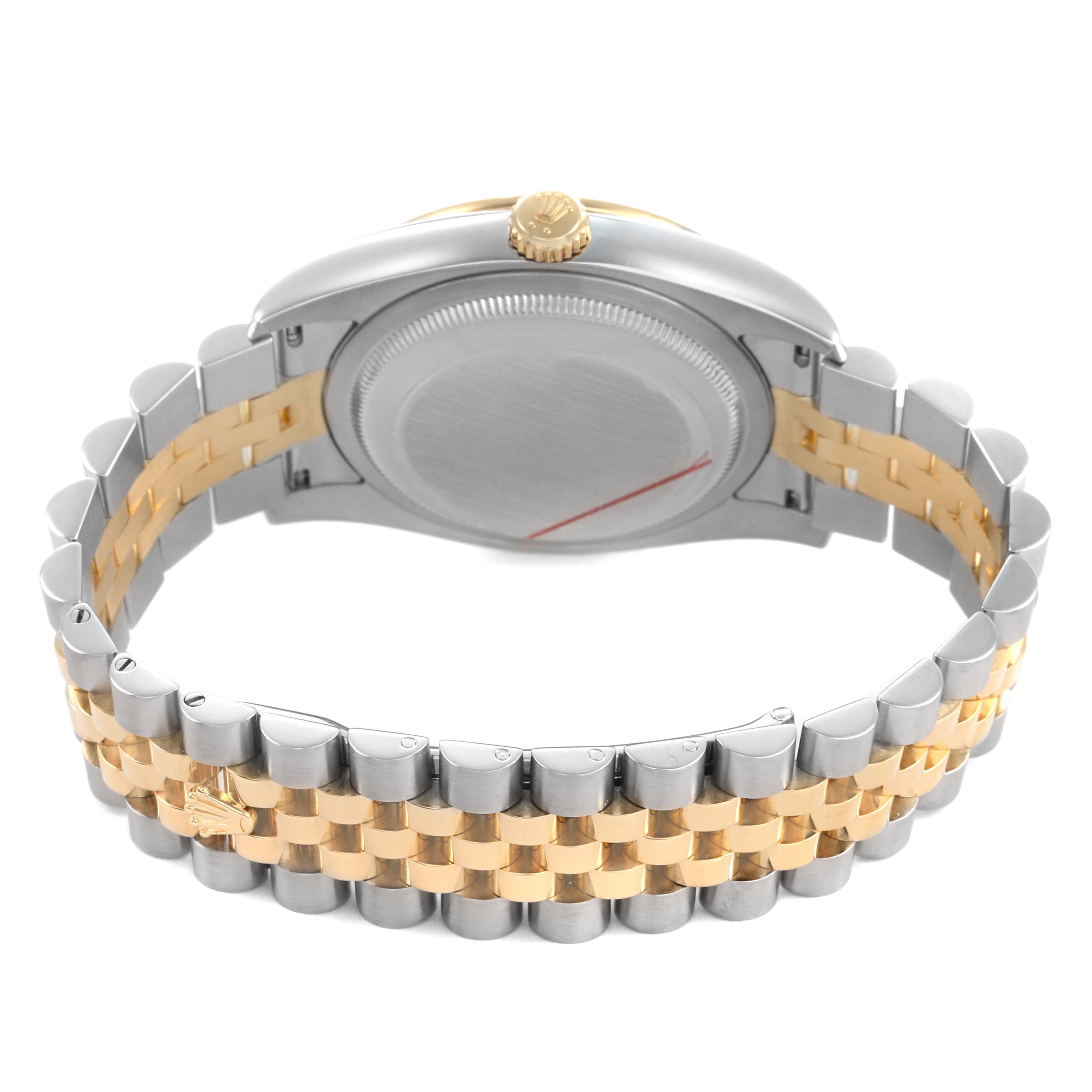 The image shows the back view of a Rolex Datejust 116243 Men's Stainless Steel Silver Dial, displaying the case back, crown, and Jubilee bracelet.