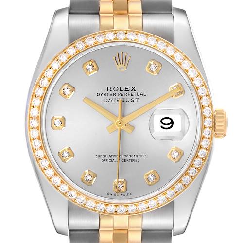 The Rolex Datejust 116243 Men's Stainless Steel Silver Dial watch is shown from the front, highlighting its dial, bezels, and bracelet.