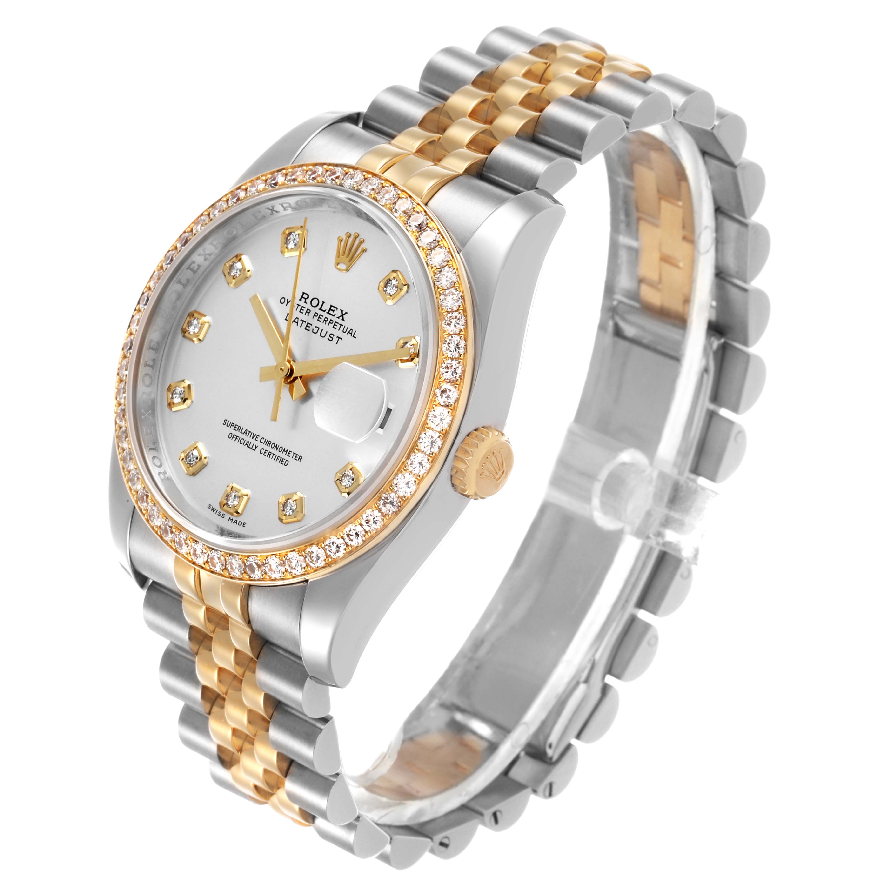 The Rolex Datejust 116243 Men's Stainless Steel Silver Dial watch is shown at an angled side view, highlighting its bracelet, crown, and diamond-set bezel.