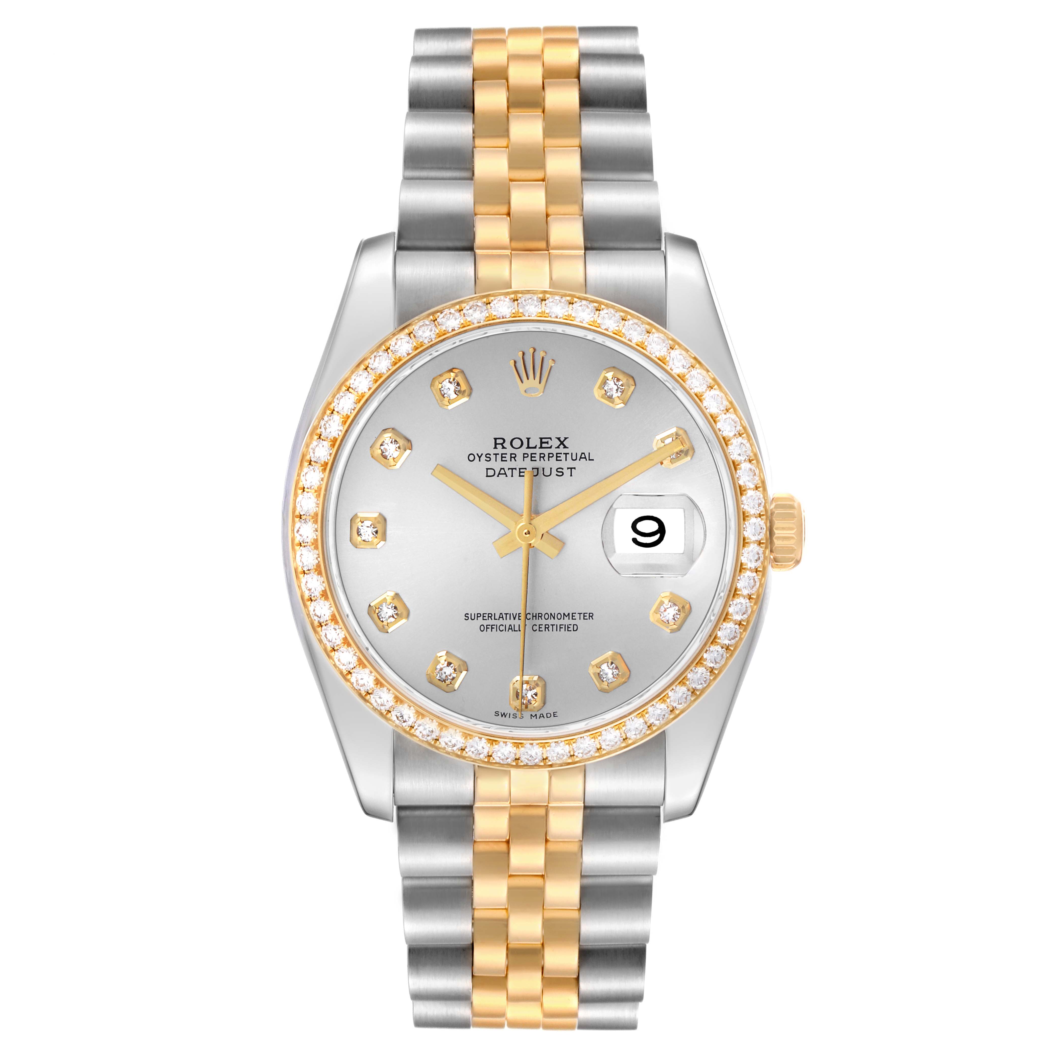 The Rolex Datejust 116243 Men's Stainless Steel Silver Dial watch is shown from a top-down angle, displaying its dial, bezel, case, and bracelet.