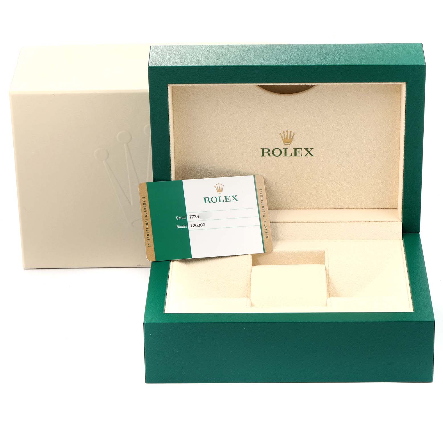 The image shows the packaging, including the inner and outer box, and certification card for a Rolex Datejust 41 126300 Men
s Stainless Steel Blue Dial 126300 Men
s Stainless Steel Blue Dial model watch.
