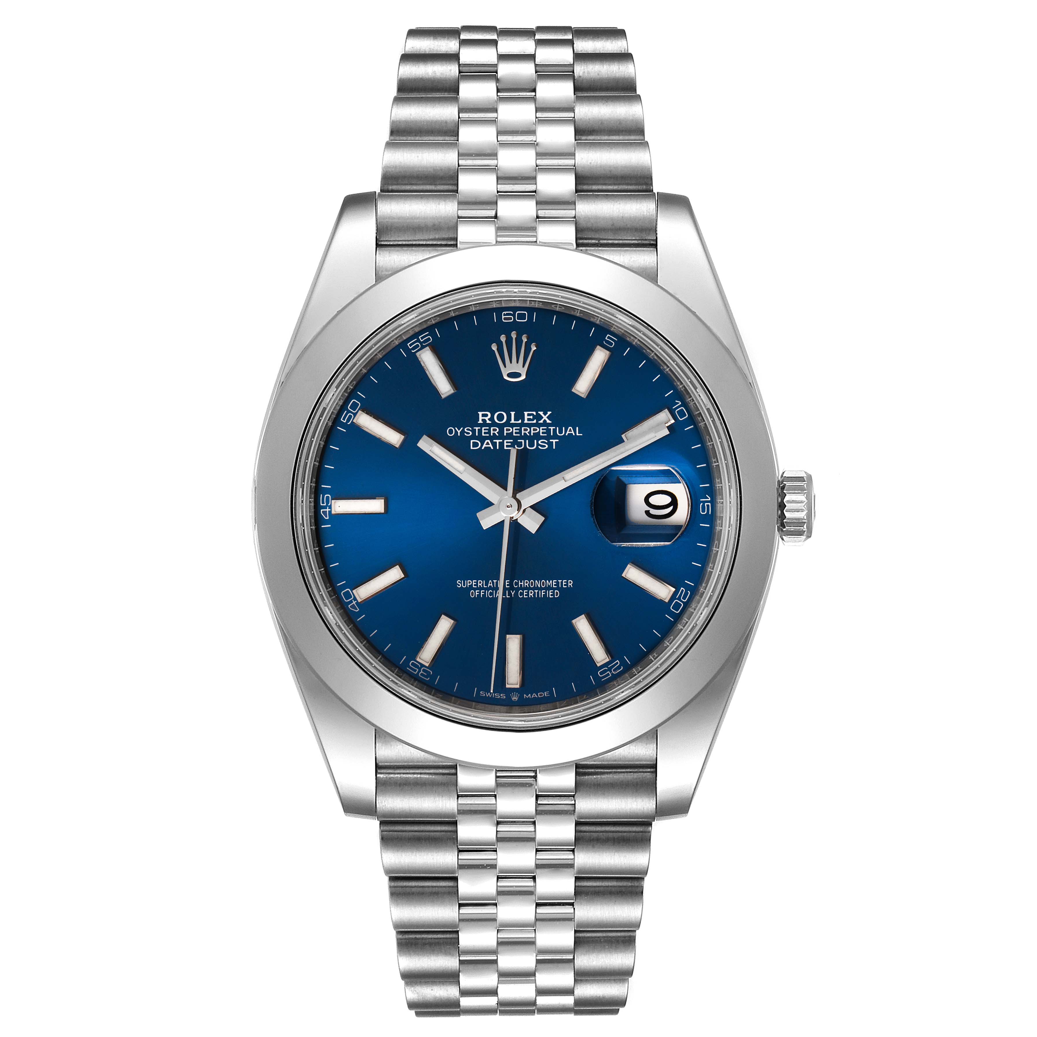 The image shows a frontal view of a Rolex Datejust 41 126300 Men
s Stainless Steel Blue Dial 126300 Men
s Stainless Steel Blue Dial watch, displaying the dial, hands, date window, and bracelet.