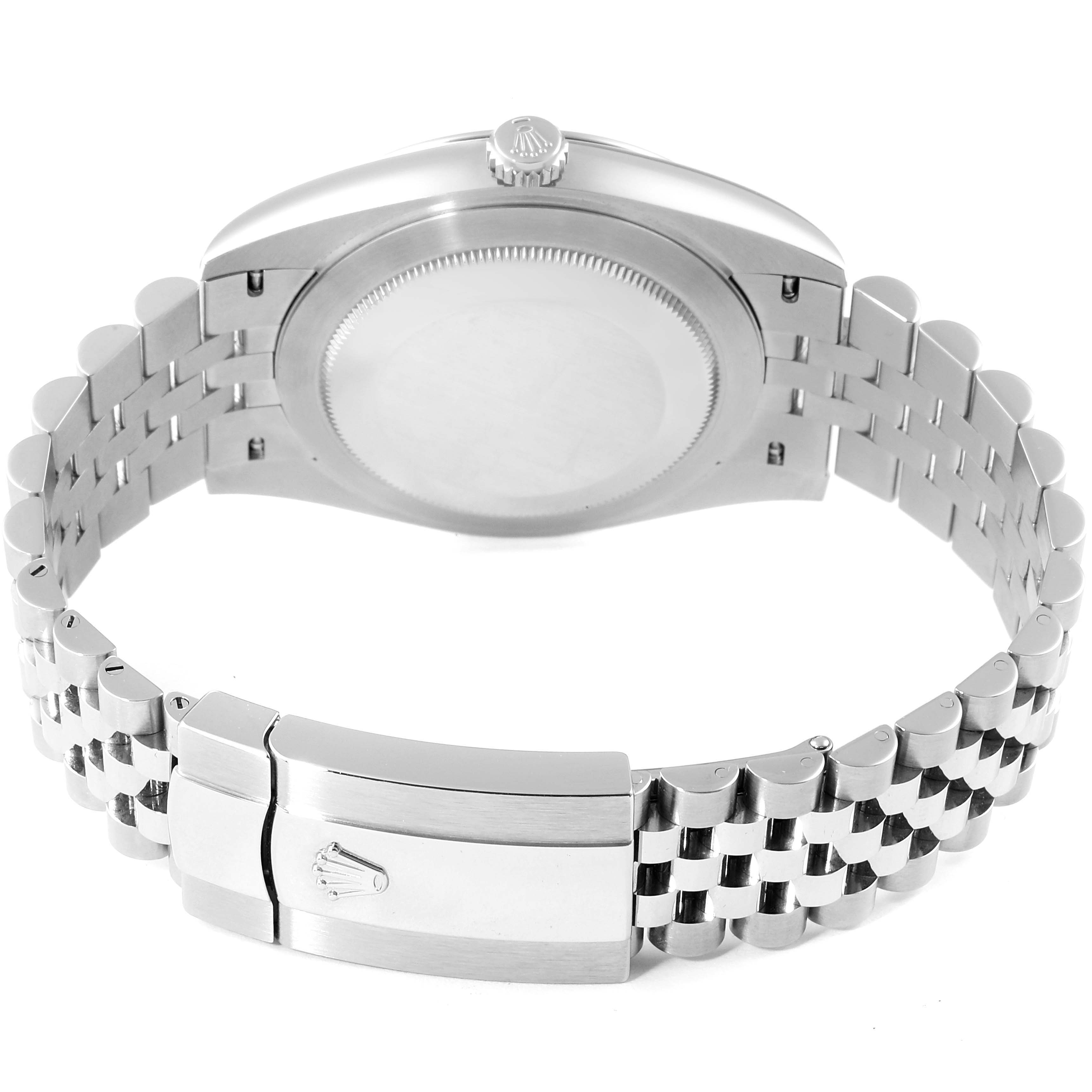 This image shows the back view of a Rolex Datejust 41 126300 Men
s Stainless Steel Blue Dial 126300 Men
s Stainless Steel Blue Dial watch, highlighting the watch case and its Jubilee bracelet with the clasp.