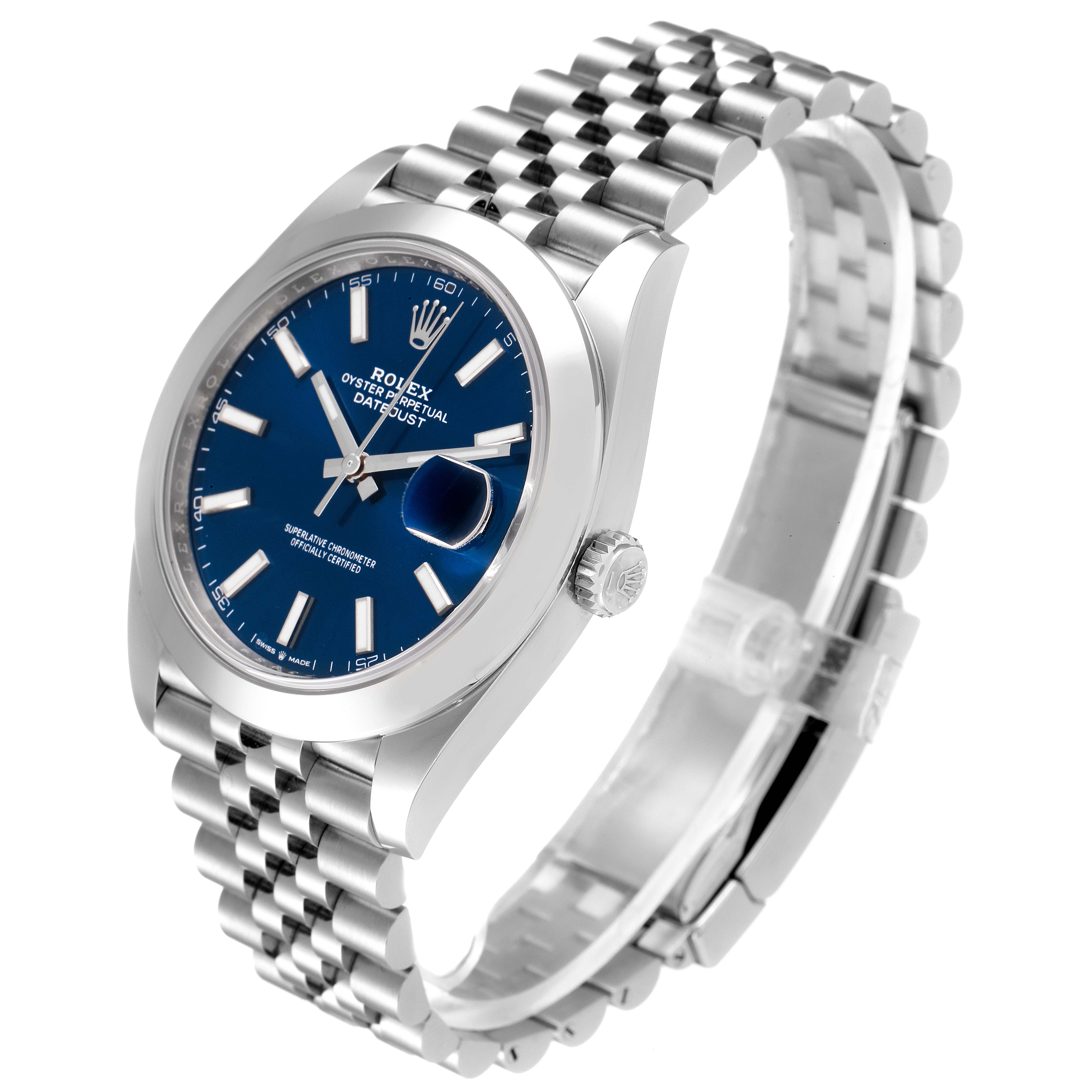 The image shows a side view of the Rolex Datejust 41 126300 Men
s Stainless Steel Blue Dial 126300 Men
s Stainless Steel Blue Dial watch, highlighting its blue dial, jubilee bracelet, and cyclops date window.
