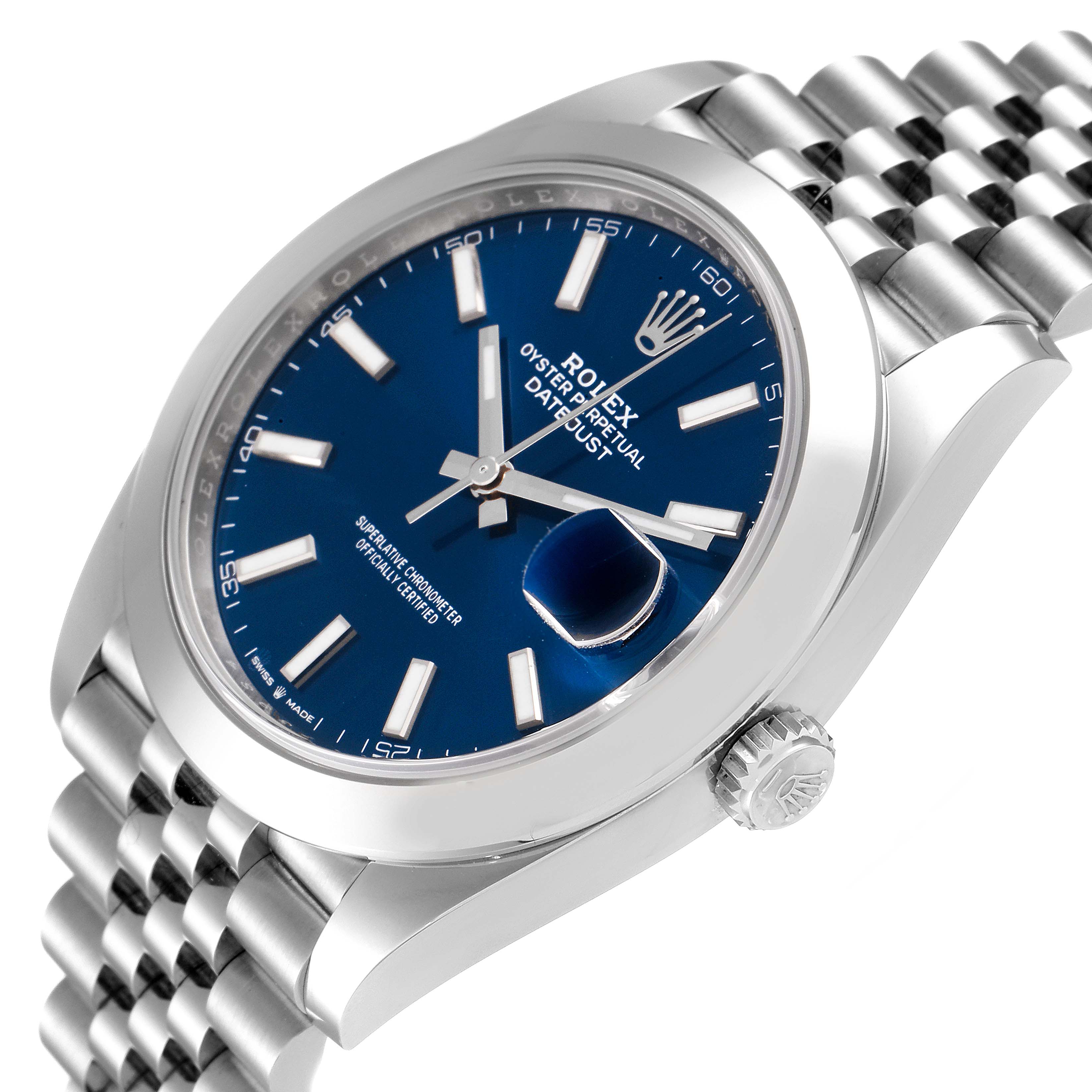 The Rolex Datejust 41 126300 Men
s Stainless Steel Blue Dial 126300 Men
s Stainless Steel Blue Dial watch is shown at an angled top view, highlighting its blue dial, jubilee bracelet, and date magnifier.