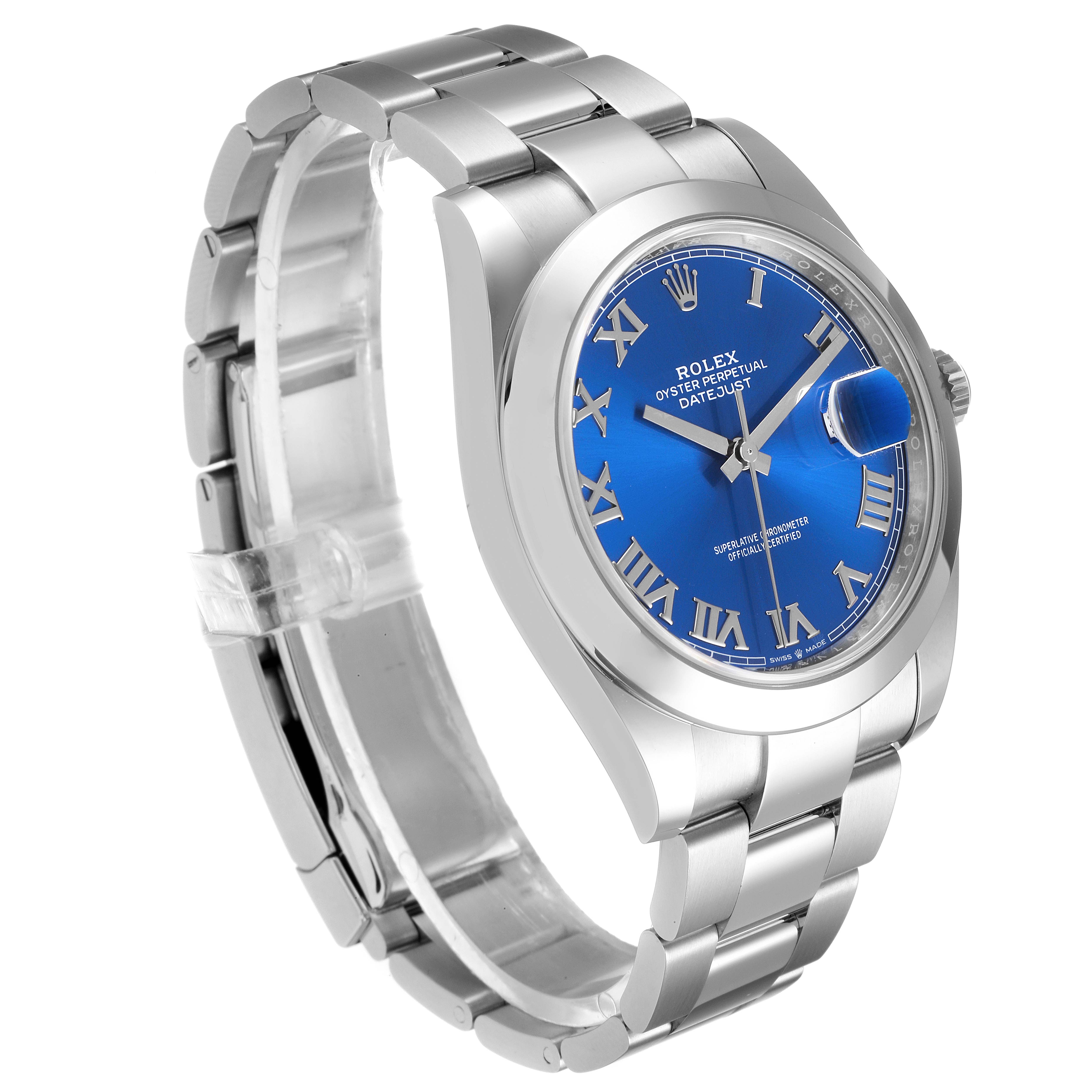 The image shows a side-angle view of a Rolex Datejust 41 126300 Men
s Stainless Steel Blue Dial 126300 Men
s Stainless Steel Blue Dial watch with a blue dial and silver bracelet.