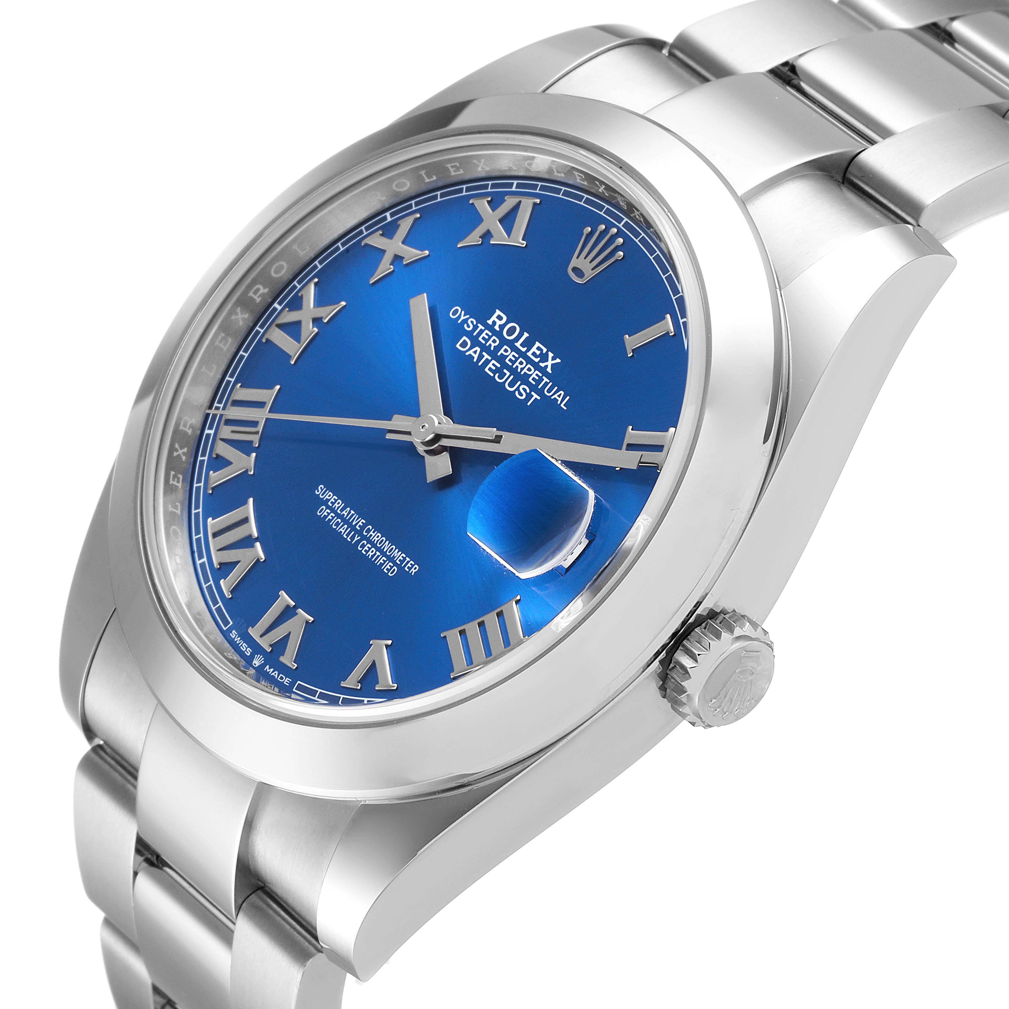The image shows a blue-dial Rolex Datejust 41 126300 Men
s Stainless Steel Blue Dial 126300 Men
s Stainless Steel Blue Dial watch from an oblique angle, highlighting the face, crown, and part of the bracelet.