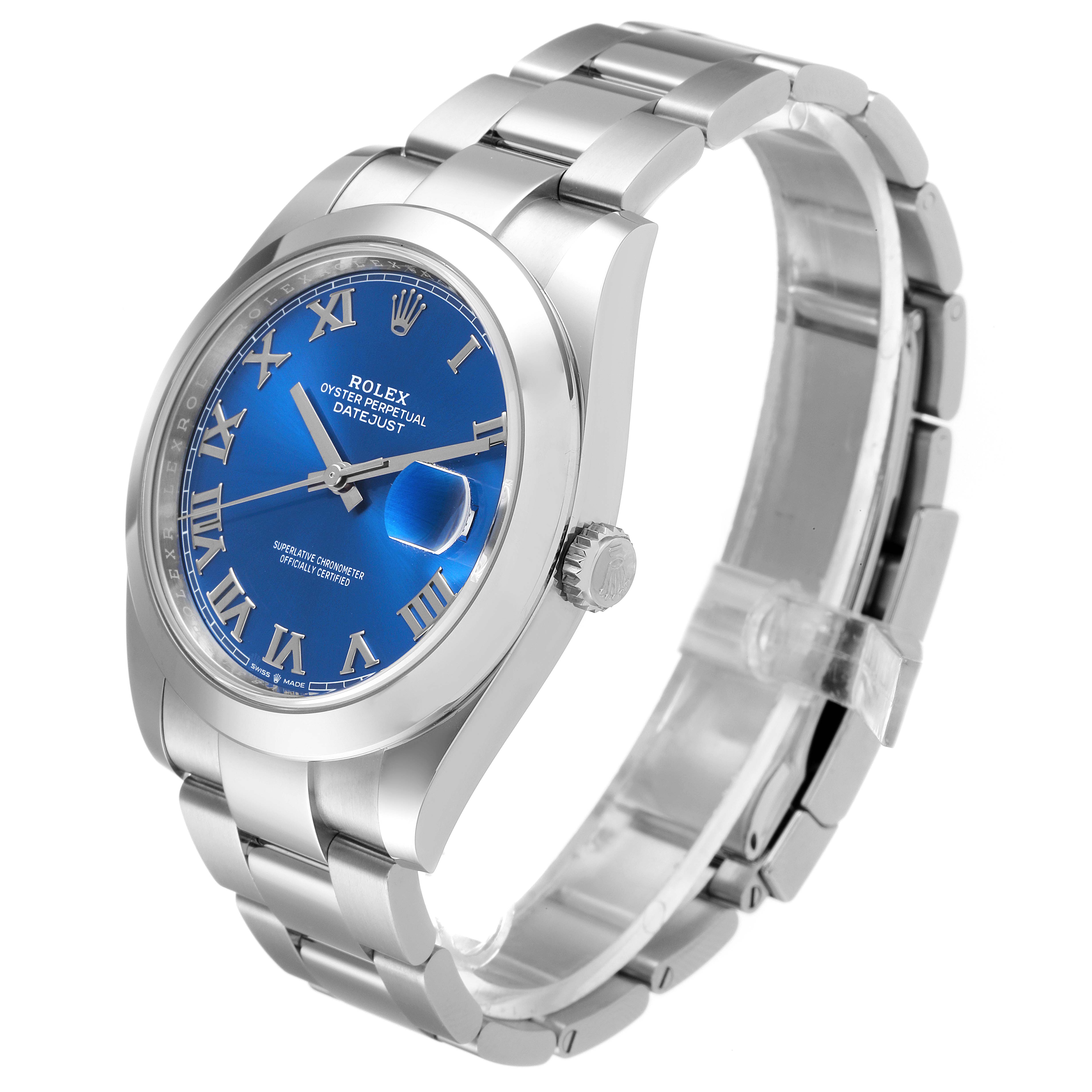 This Rolex Datejust 41 126300 Men
s Stainless Steel Blue Dial 126300 Men
s Stainless Steel Blue Dial watch is shown at a slight angle, highlighting its blue dial, Roman numerals, steel case, and bracelet.