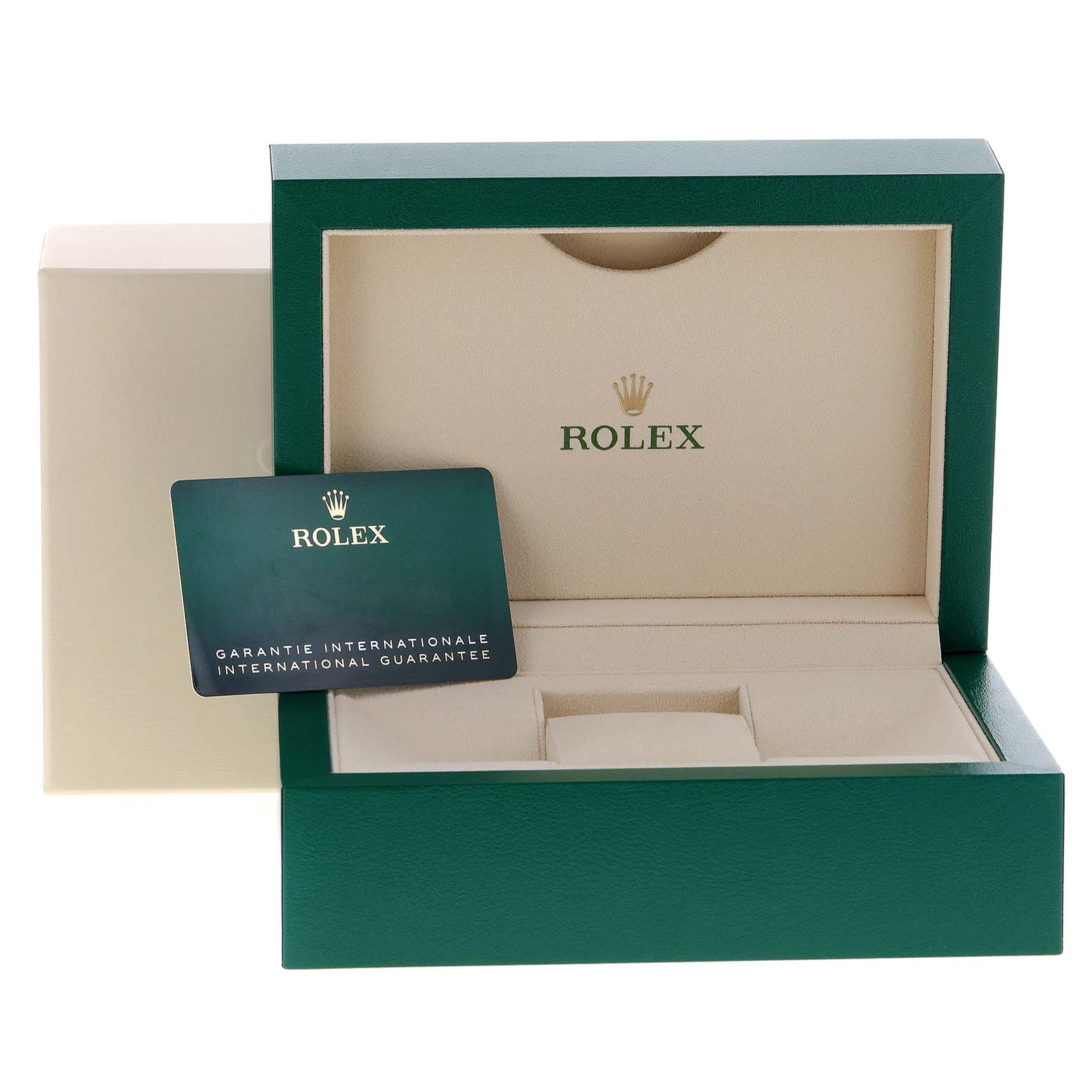 The image shows the open box and international guarantee card for a Rolex Datejust 41 126300 Men
s Stainless Steel Blue Dial 126300 Men
s Stainless Steel Blue Dial watch.