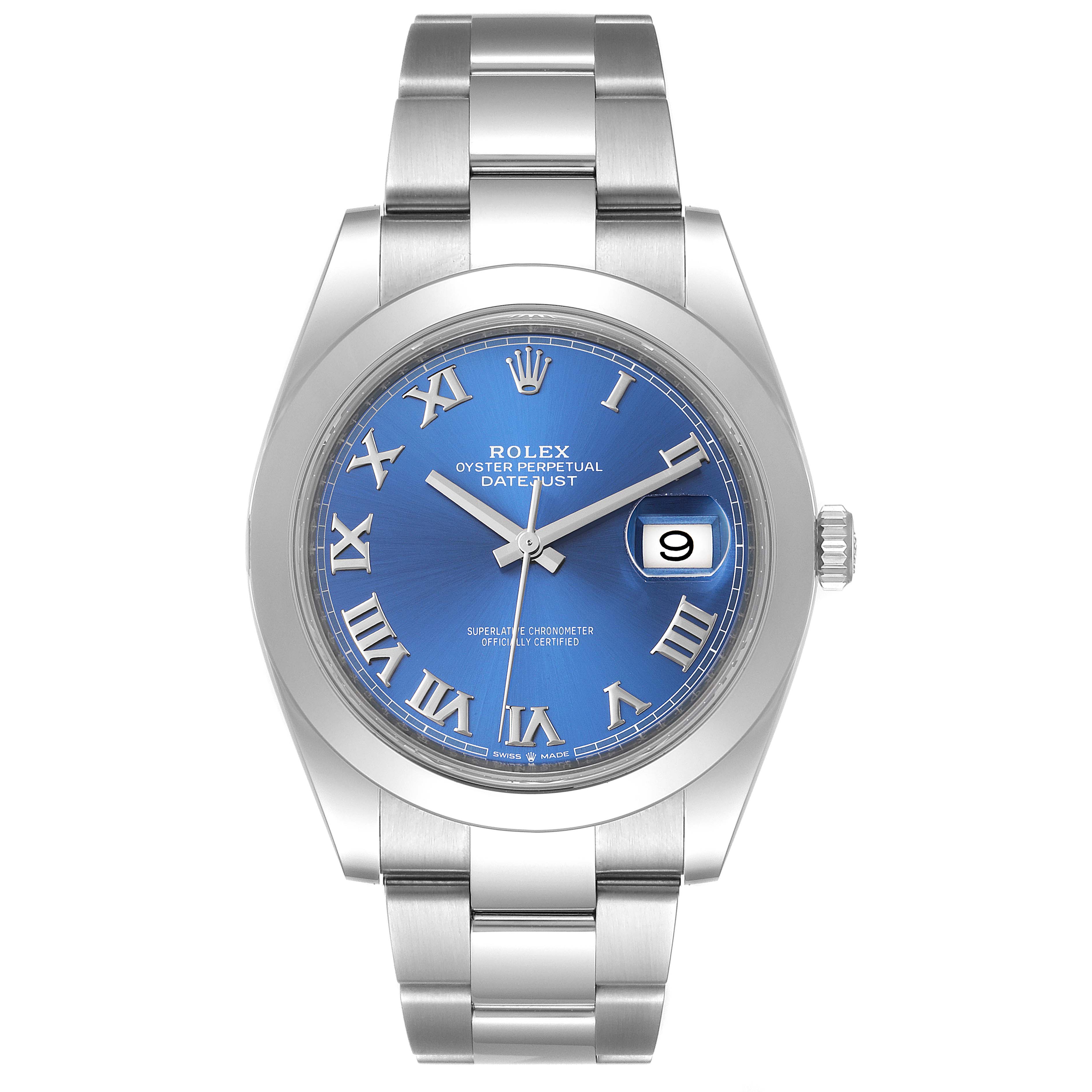 The image shows a front view of the Rolex Datejust 41 126300 Men
s Stainless Steel Blue Dial 126300 Men
s Stainless Steel Blue Dial watch, featuring a blue dial, Roman numerals, and a stainless steel bracelet.