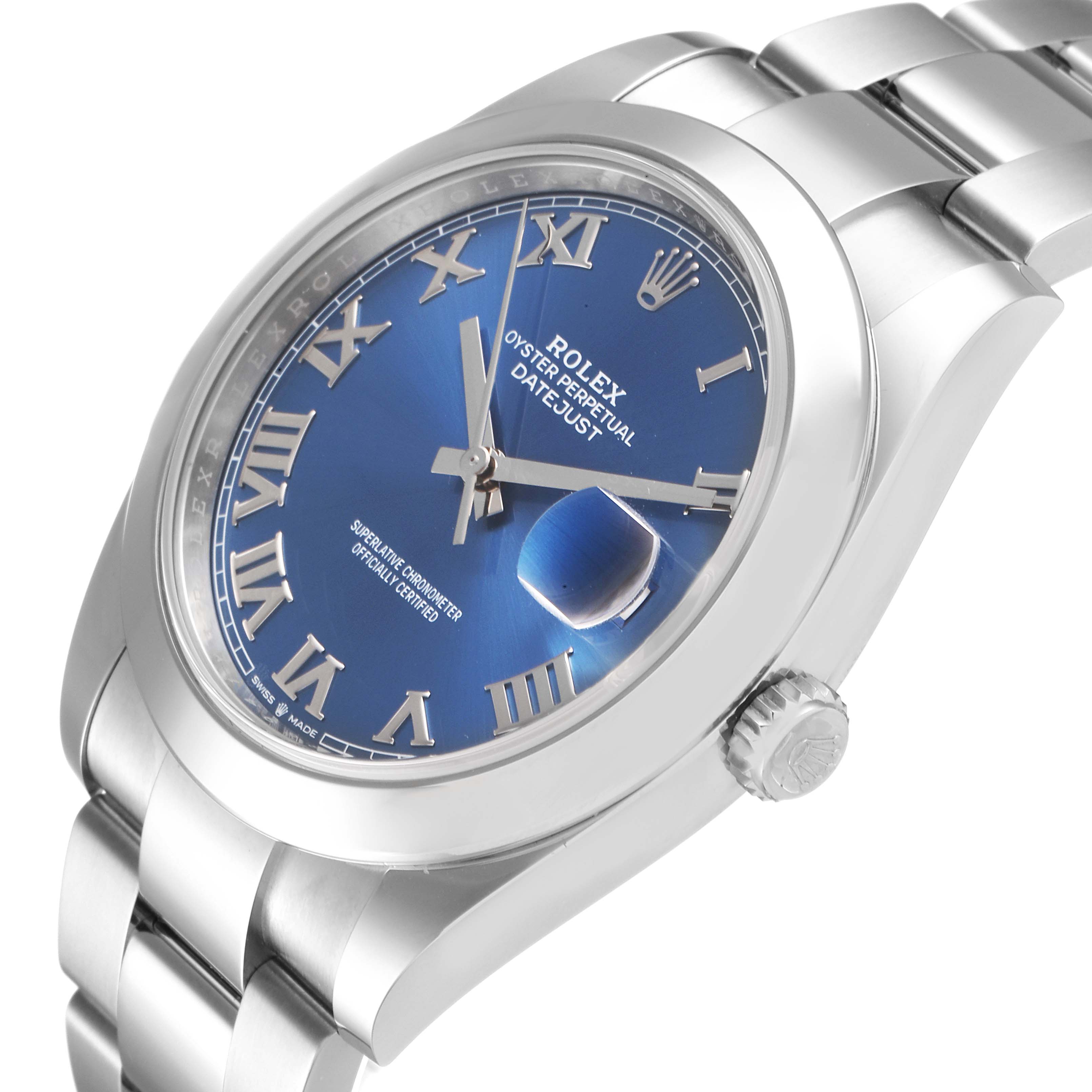 The image displays a Rolex Datejust 41 126300 Men
s Stainless Steel Blue Dial 126300 Men
s Stainless Steel Blue Dial watch from an angled side view, highlighting its blue dial, bezel, and part of the bracelet.