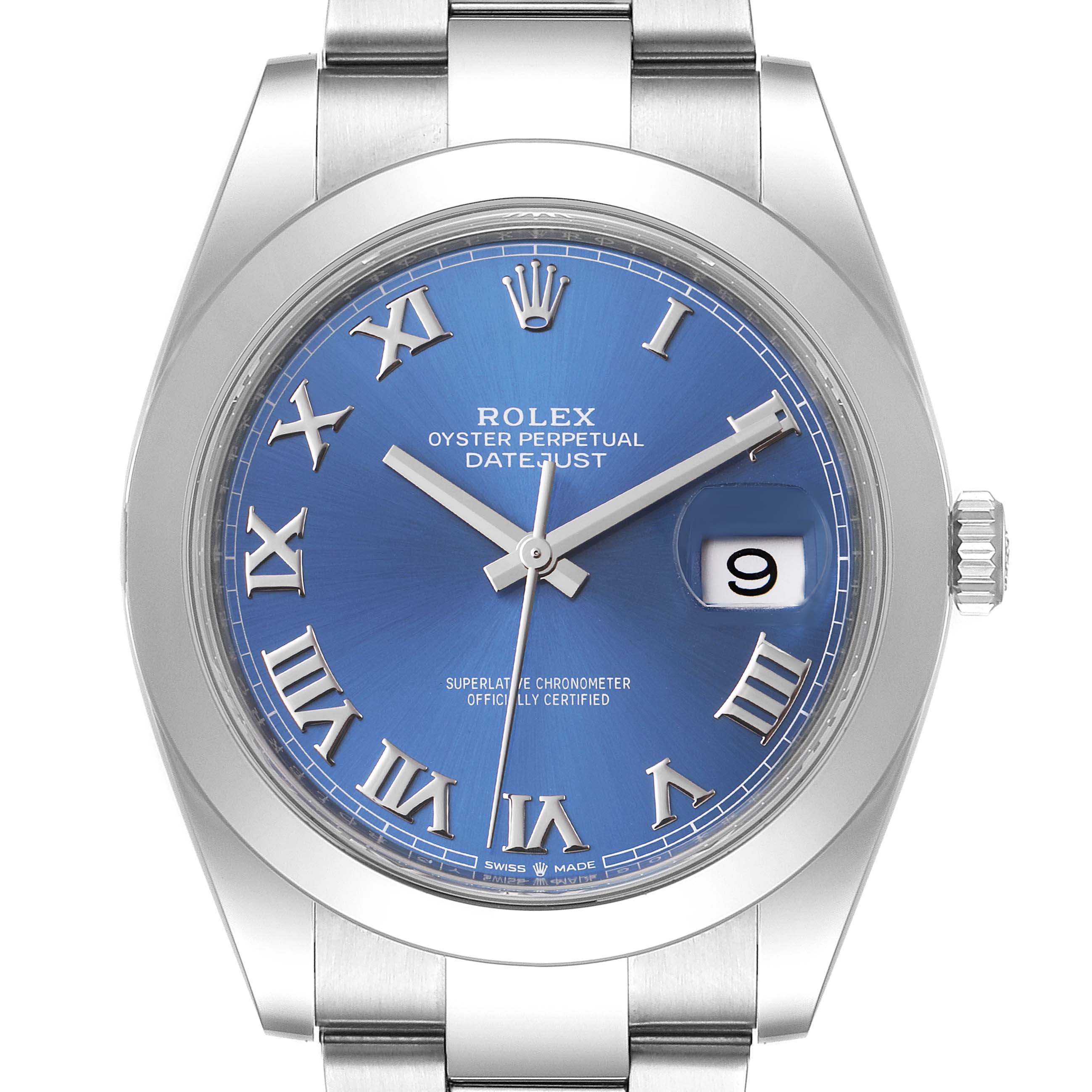 This image shows a front view of the Rolex Datejust 41 126300 Men
s Stainless Steel Blue Dial 126300 Men
s Stainless Steel Blue Dial watch, highlighting its blue dial and Roman numerals.