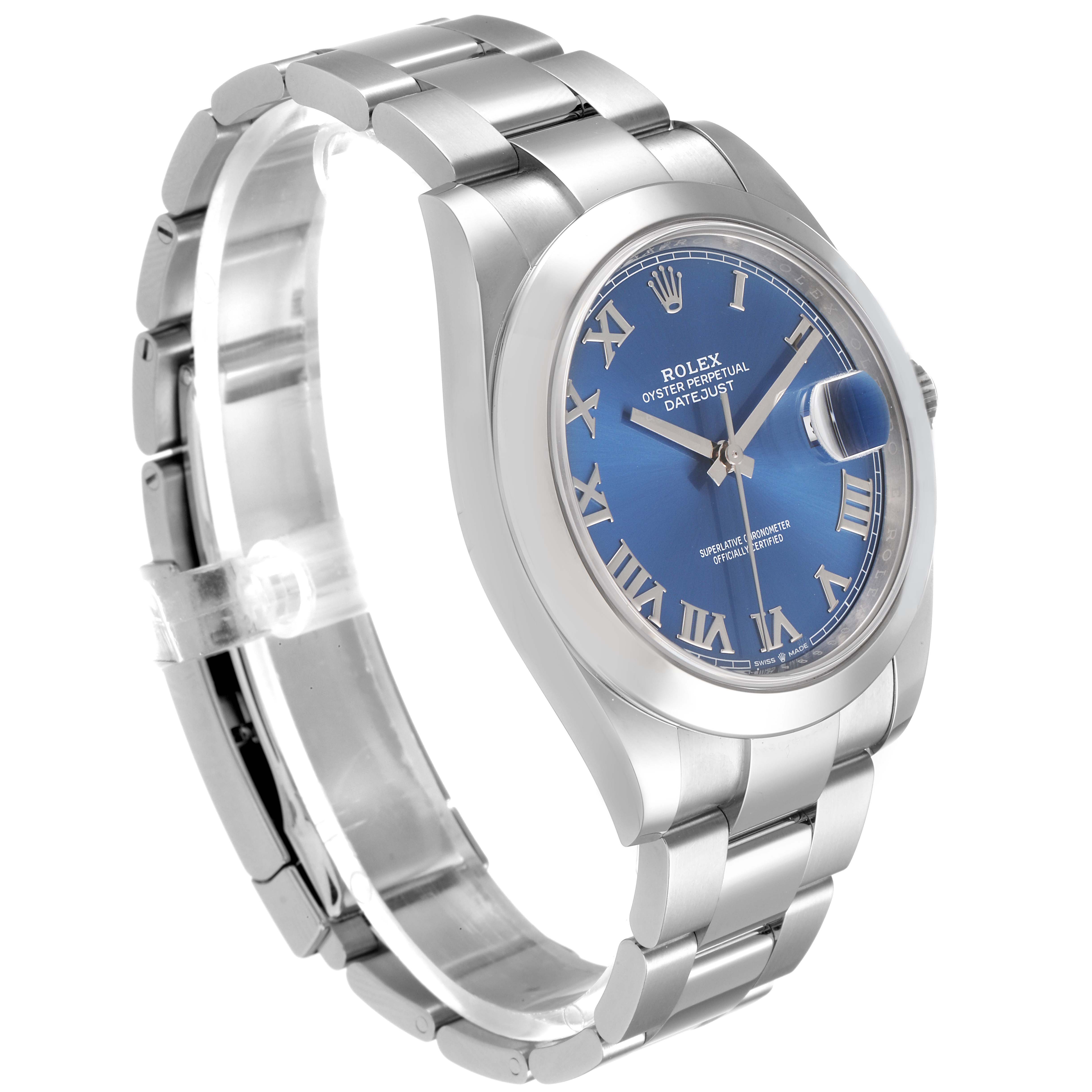The Rolex Datejust 41 126300 Men
s Stainless Steel Blue Dial 126300 Men
s Stainless Steel Blue Dial watch is shown from a left front angle, highlighting the blue dial, bracelet, and case.