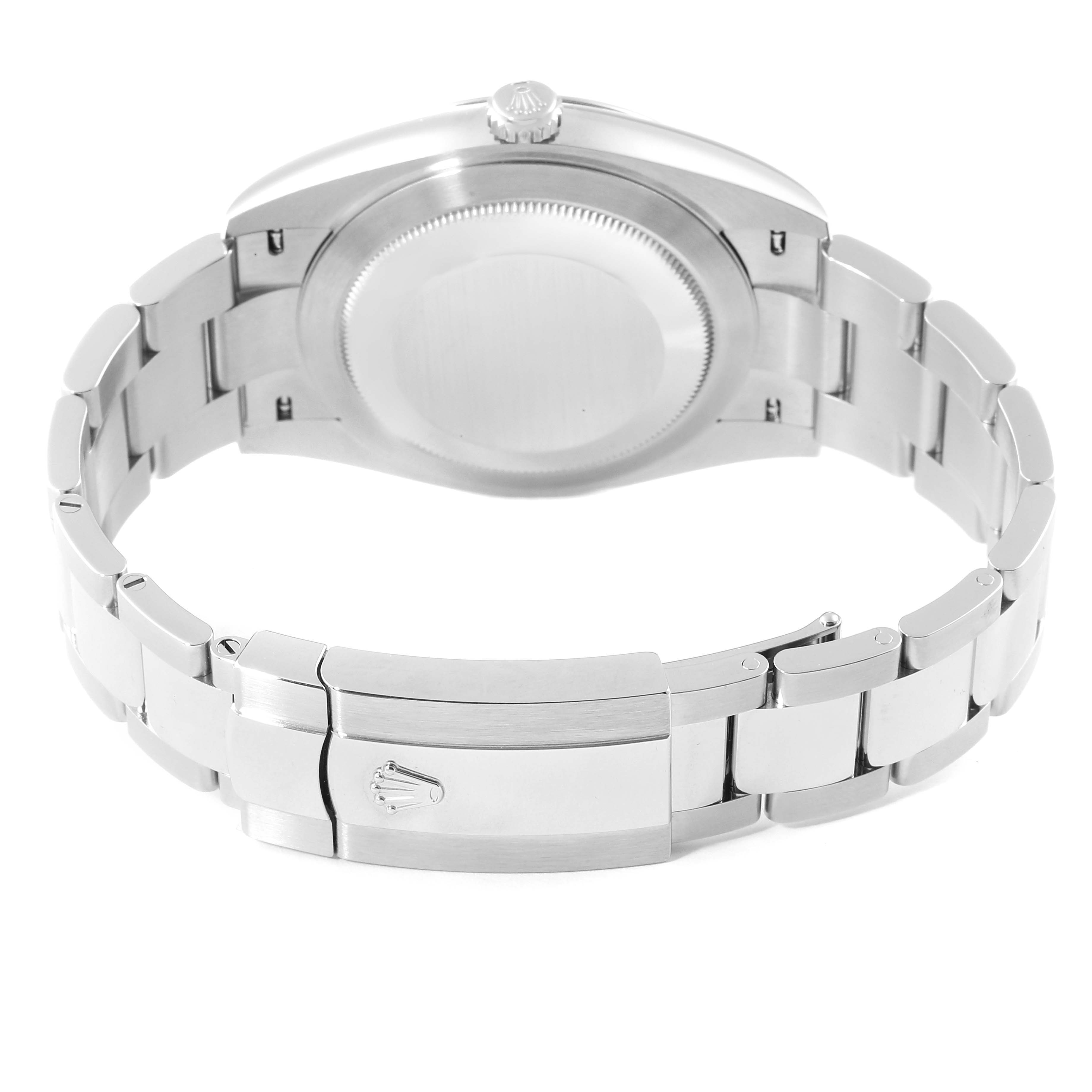 This image shows the back view of the Rolex Datejust 41 126300 Men
s Stainless Steel Blue Dial 126300 Men
s Stainless Steel Blue Dial model, highlighting the case back and partially opened bracelet clasp.