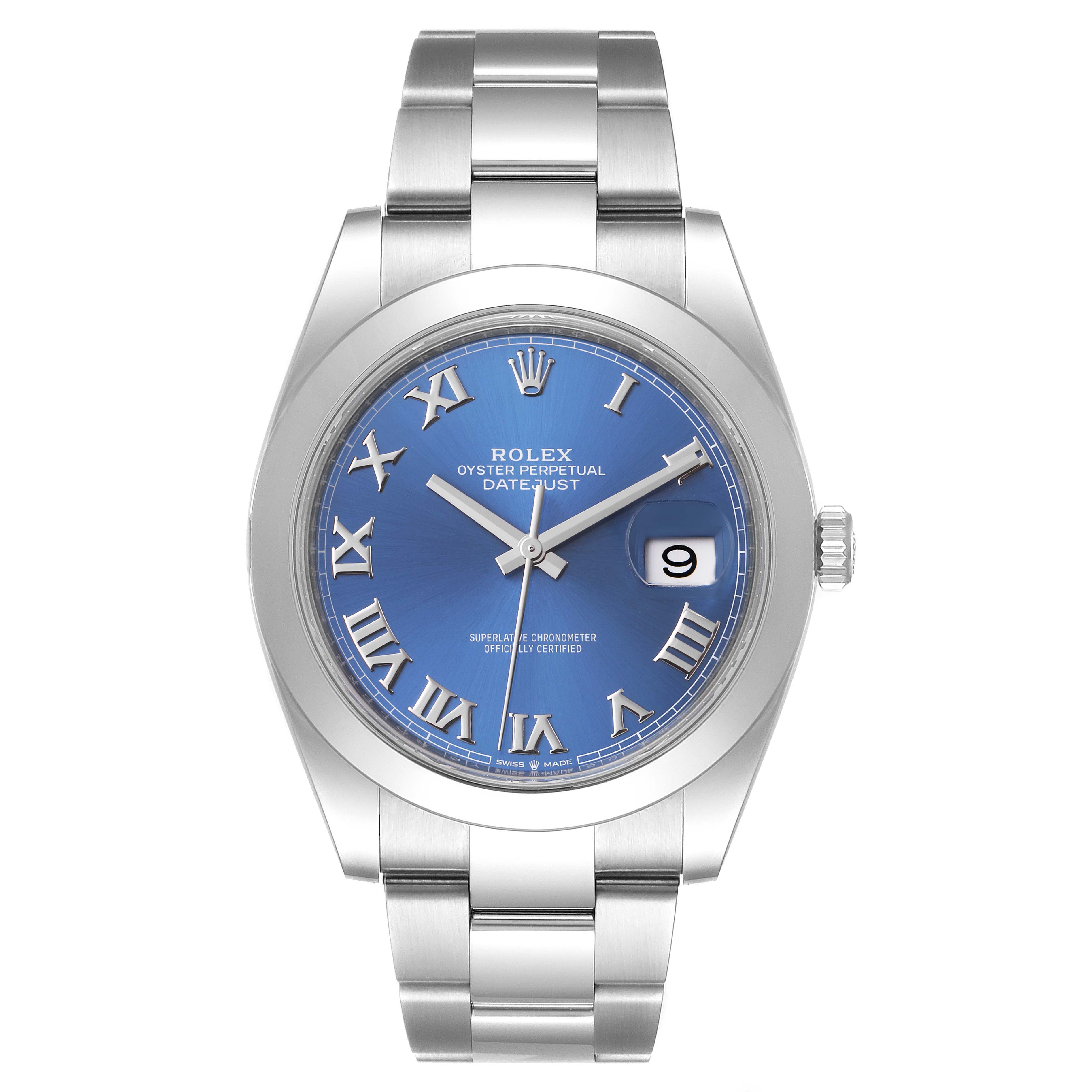 The Rolex Datejust 41 126300 Men
s Stainless Steel Blue Dial 126300 Men
s Stainless Steel Blue Dial watch is shown from a front angle, displaying the dial, case, bezel, and part of the bracelet.