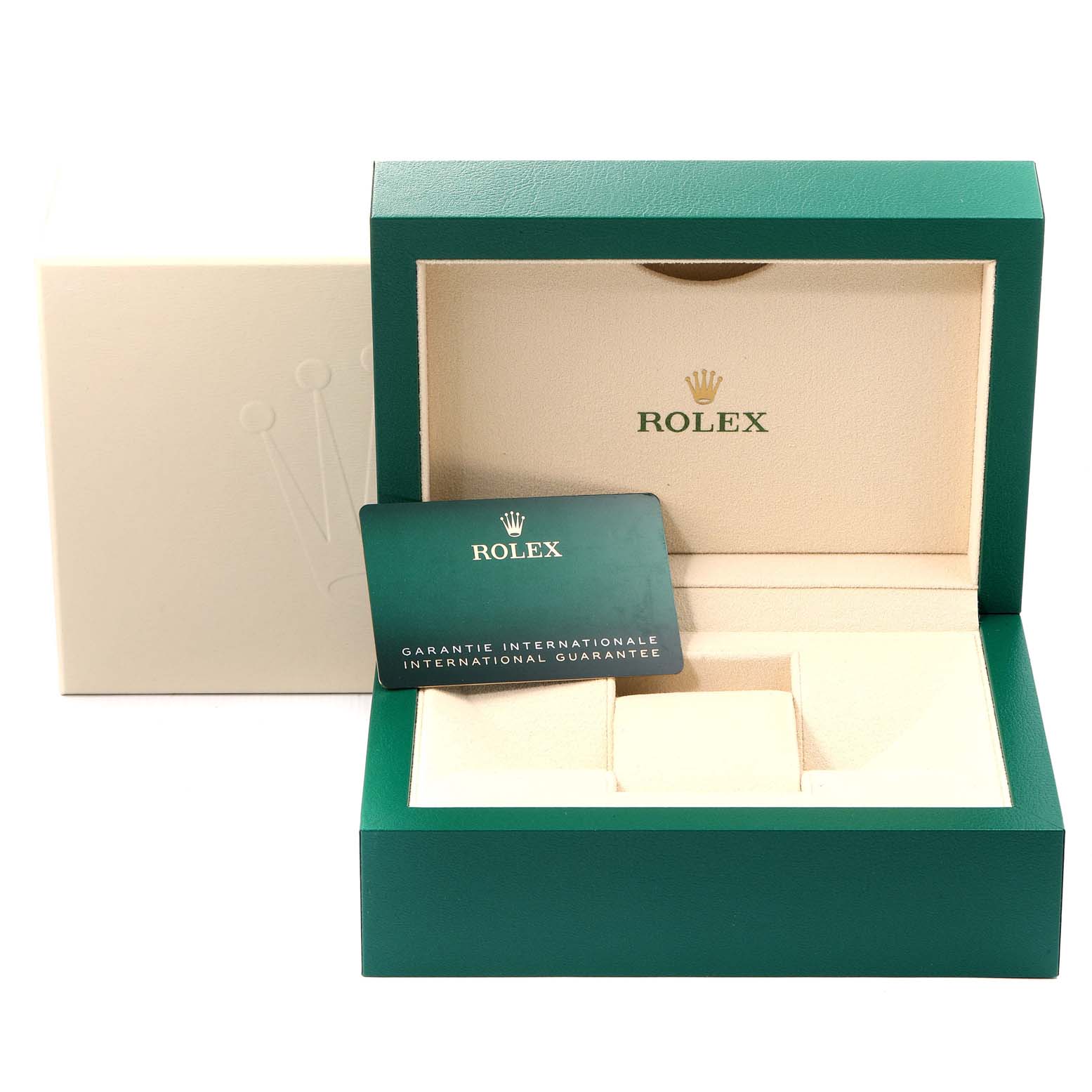 The image shows the open box and international guarantee card for the Rolex Datejust 41 126300 Men
s Stainless Steel Blue Dial 126300 Men
s Stainless Steel Blue Dial model.