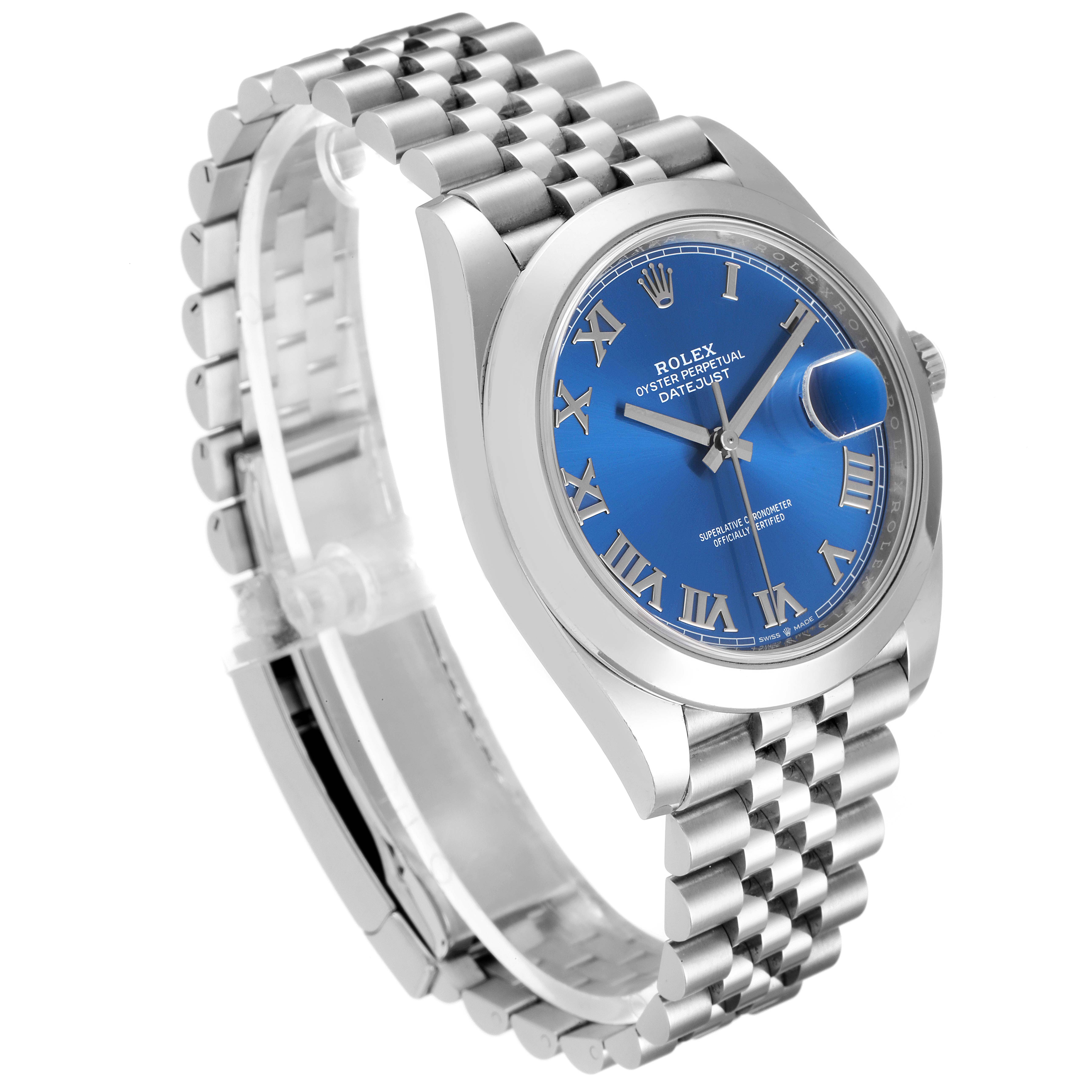 The Rolex Datejust 41 126300 Men's Stainless Steel Blue Dial 126300 Men's Stainless Steel Blue Dial model is shown from an angled side view, displaying its blue dial, Roman numerals, and jubilee bracelet.