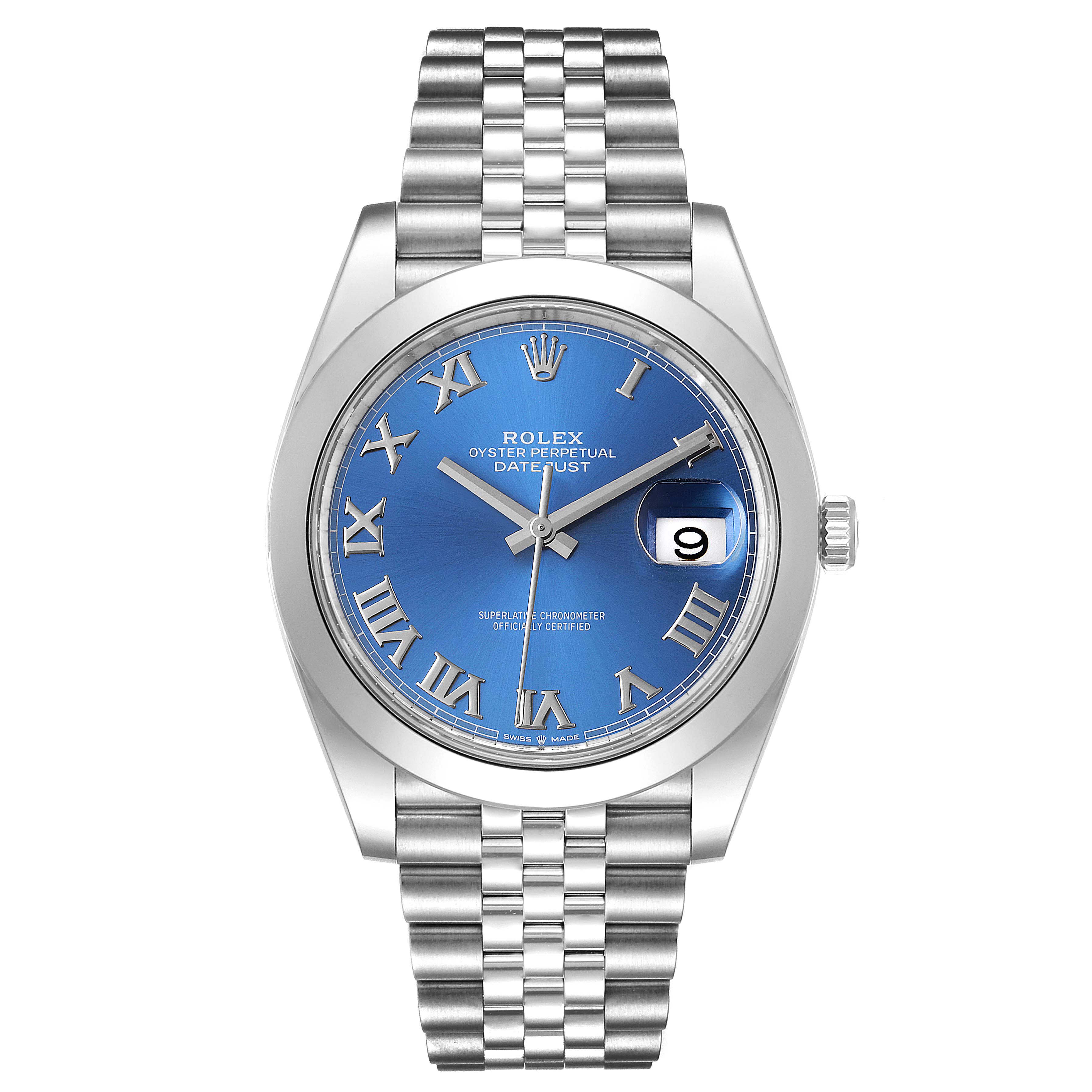The image shows a front view of a Rolex Datejust 41 126300 Men's Stainless Steel Blue Dial 126300 Men's Stainless Steel Blue Dial watch, highlighting its blue dial, date window, and silver bracelet.