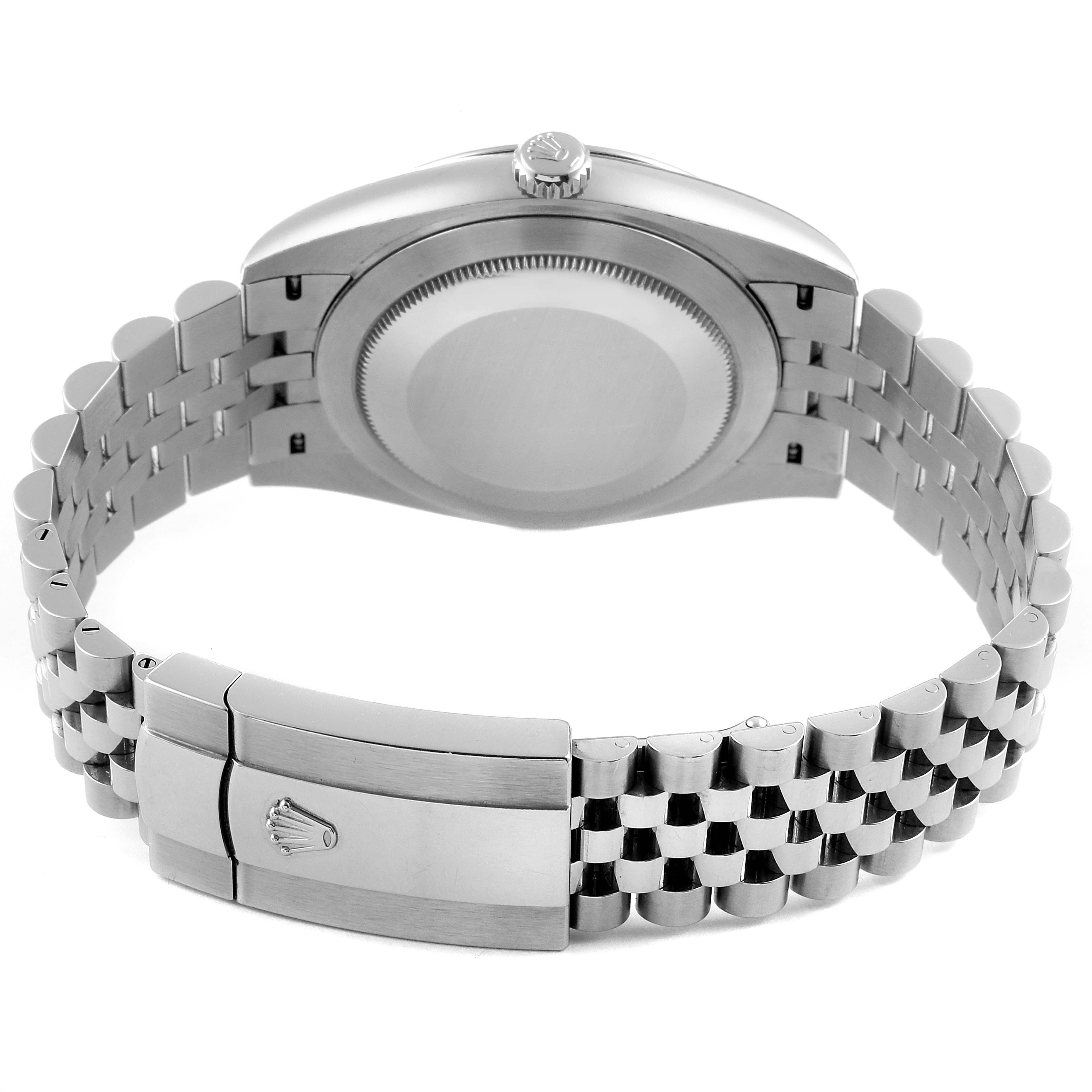 This image shows the back view of the Rolex Datejust 41 126300 Men's Stainless Steel Blue Dial 126300 Men's Stainless Steel Blue Dial with its case back and jubilee bracelet with the clasp closed.