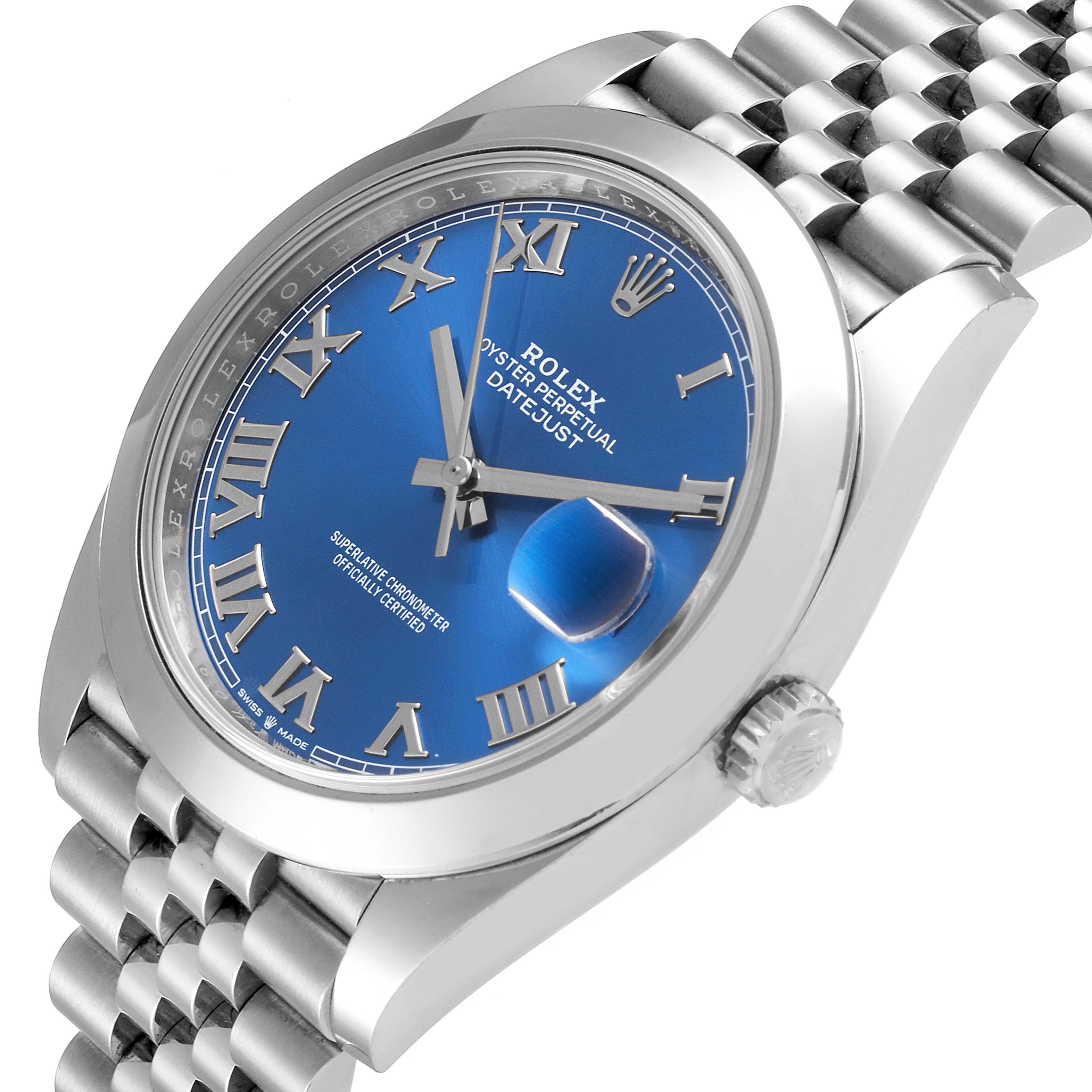 This image shows a Rolex Datejust 41 126300 Men's Stainless Steel Blue Dial 126300 Men's Stainless Steel Blue Dial watch at a slight angle, focusing on the blue dial, bezel, and portion of the bracelet.