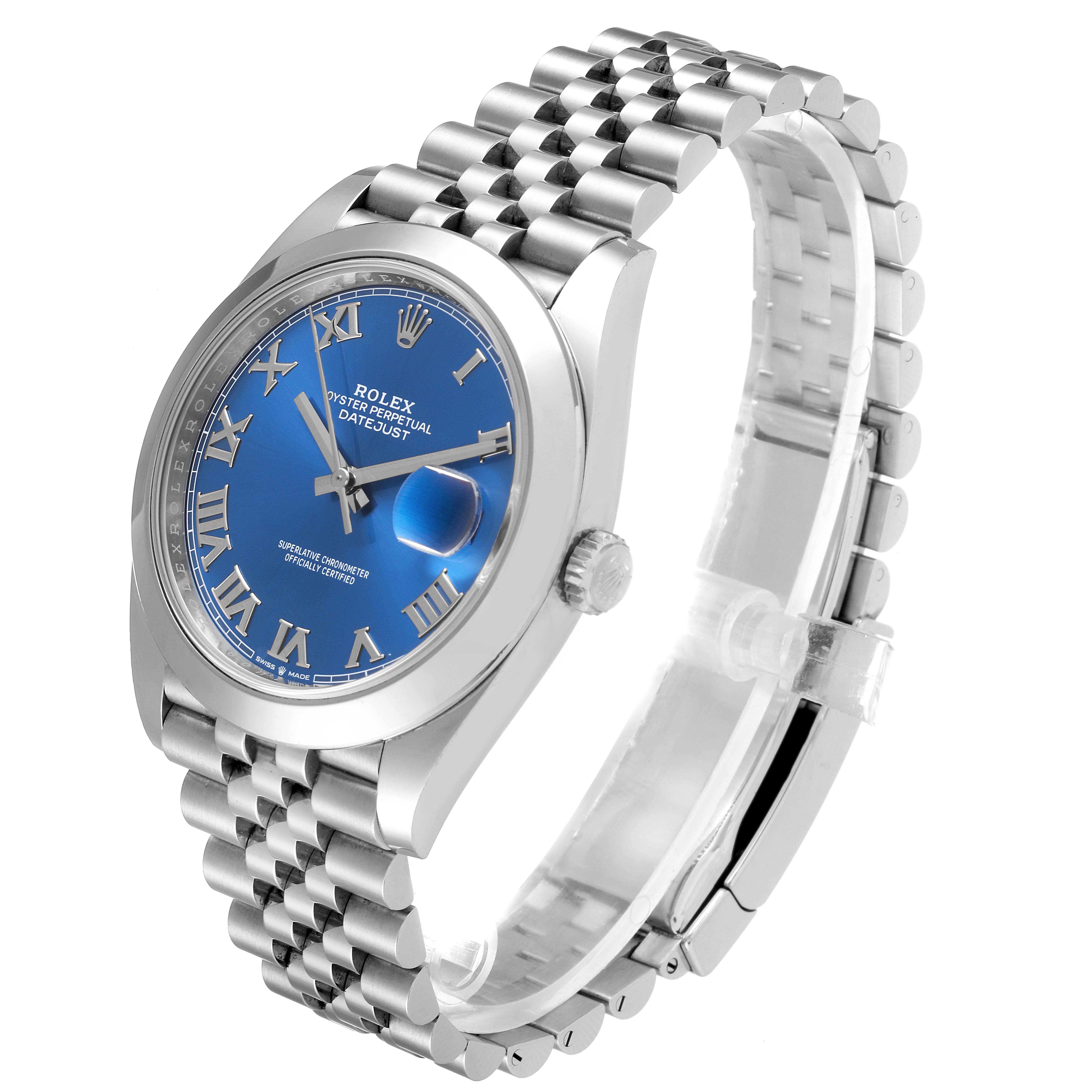 This image shows a Rolex Datejust 41 126300 Men's Stainless Steel Blue Dial 126300 Men's Stainless Steel Blue Dial model watch angled to display the face, bracelet, and crown.