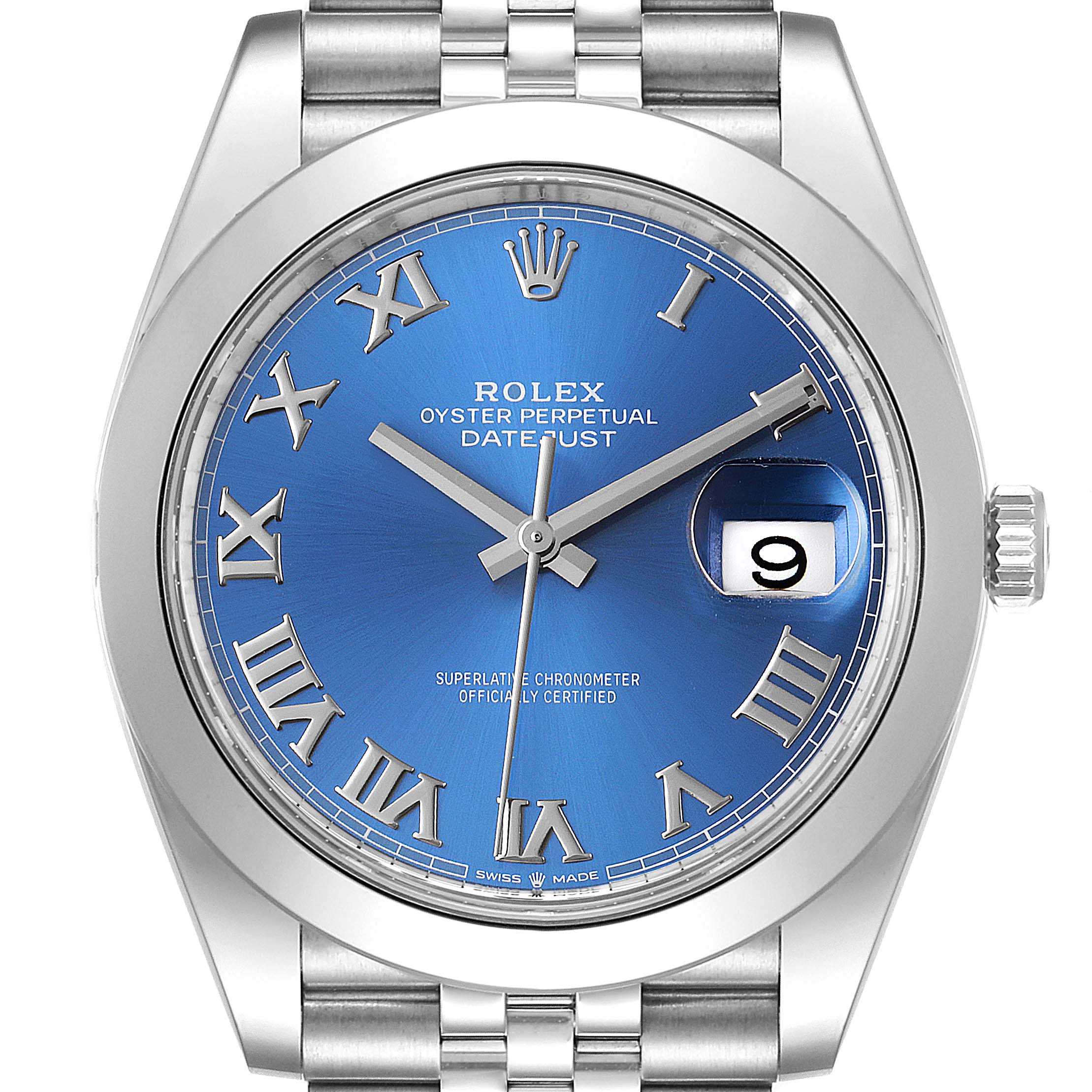 The image shows a front view of a Rolex Datejust 41 126300 Men's Stainless Steel Blue Dial 126300 Men's Stainless Steel Blue Dial watch with a blue dial and Roman numerals.