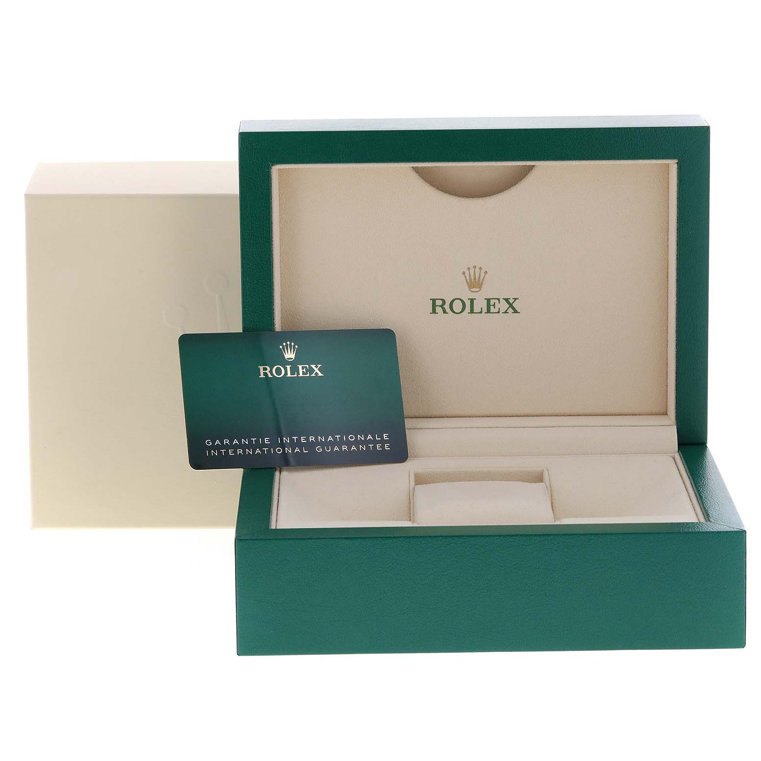 The image shows the open box and international guarantee card for a Rolex Datejust 41 126300 Men's Stainless Steel Blue Dial 126300 Men's Stainless Steel Blue Dial watch.