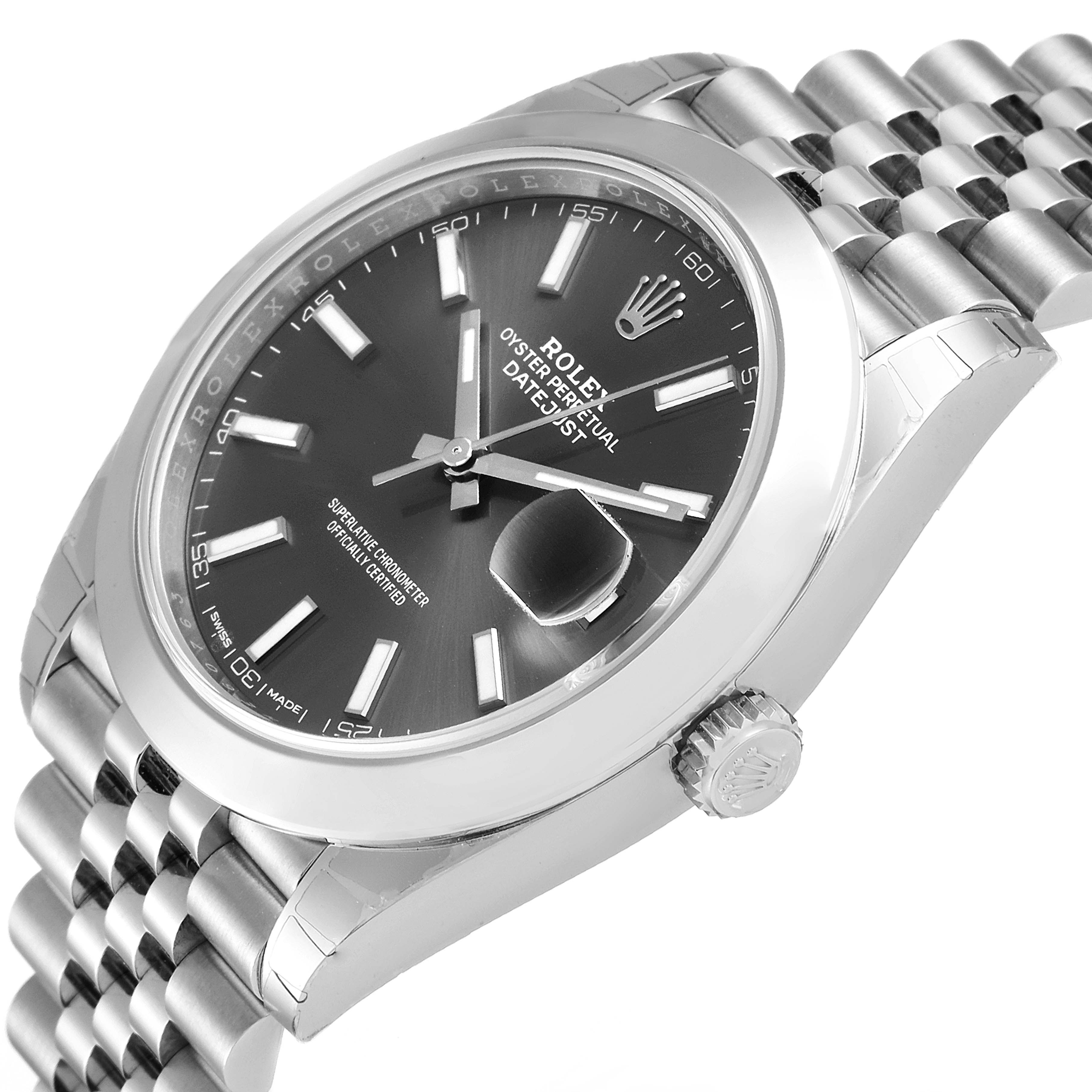 The image shows a close-up, angled view of the Rolex Datejust 41 126300 Men
s Stainless Steel Grey Dial 126300 Men
s Stainless Steel Grey Dial watch, highlighting the dial, bracelet, and crown.