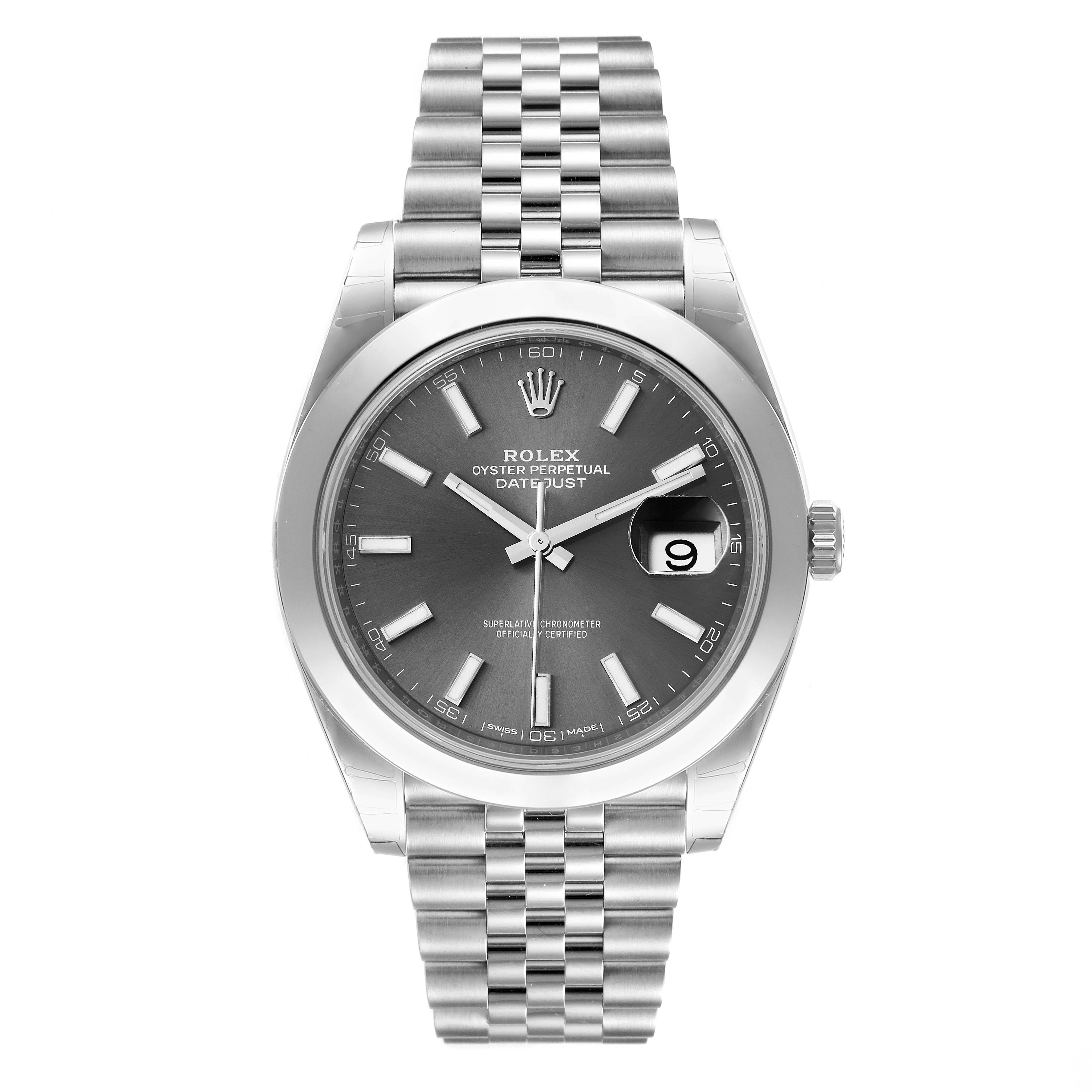 This image shows a front view of a Rolex Datejust 41 126300 Men
s Stainless Steel Grey Dial 126300 Men
s Stainless Steel Grey Dial model, displaying its dial, bezel, crown, and bracelet.
